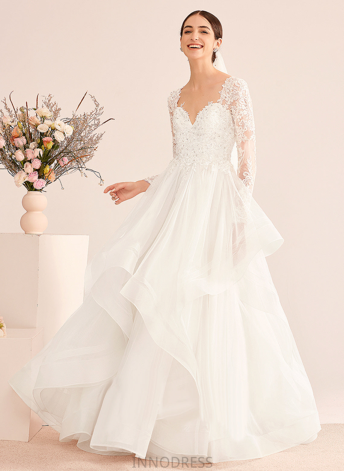 Wedding With Natasha V-neck Sequins Dress Lace Floor-Length Beading Tulle Ball-Gown/Princess Wedding Dresses