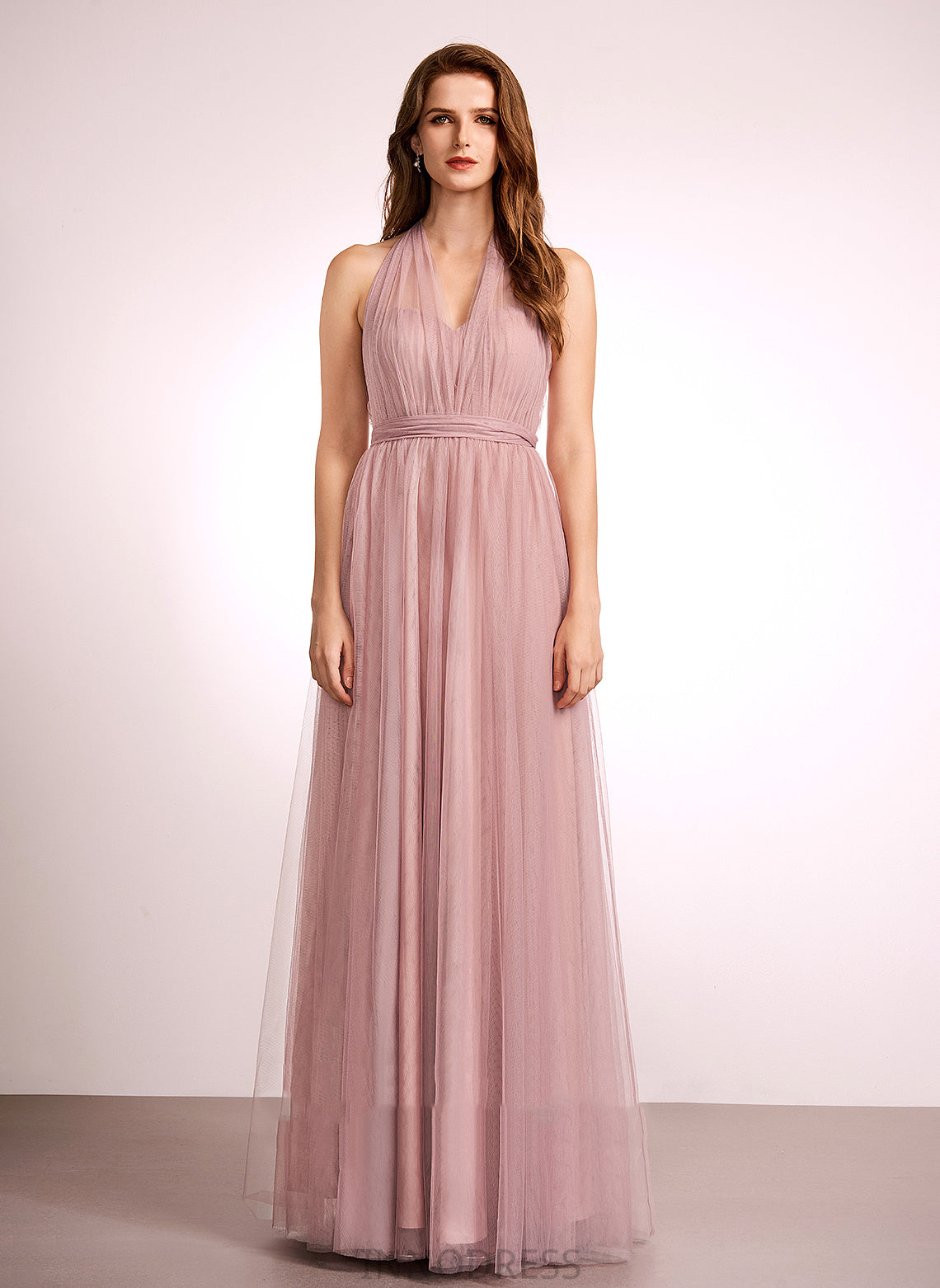 Fabric One-Shoulder Off-the-Shoulder Neckline A-Line Floor-Length Tulle Straps Silhouette V-neck Length Emmalee Bridesmaid Dresses