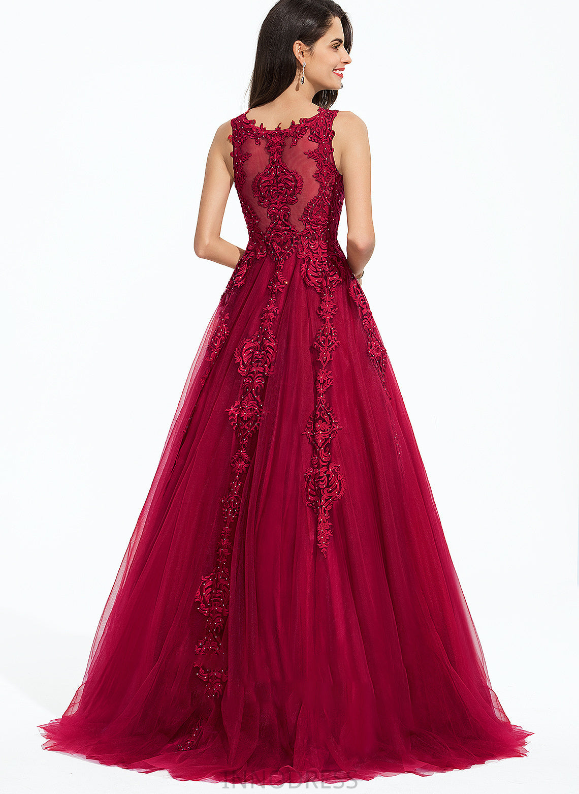 Ball-Gown/Princess Sweep Neck Train Scoop With Gloria Beading Tulle Prom Dresses