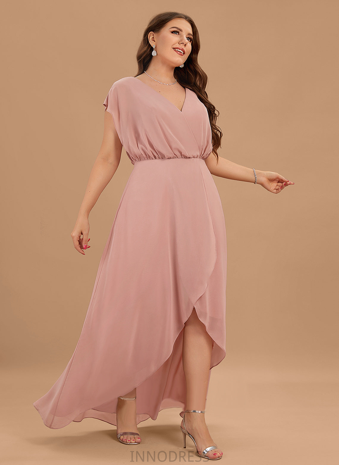 Embellishment Length A-Line Silhouette Neckline Asymmetrical Fabric SplitFront V-neck Lizbeth Sleeveless Taffeta Bridesmaid Dresses