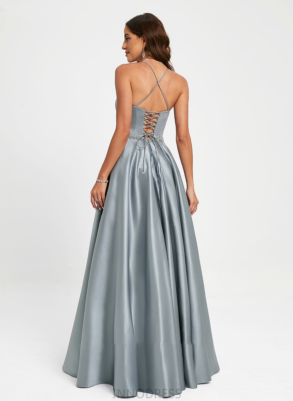 Neck A-Line Satin With Floor-Length Scoop Prom Dresses Beading Liana