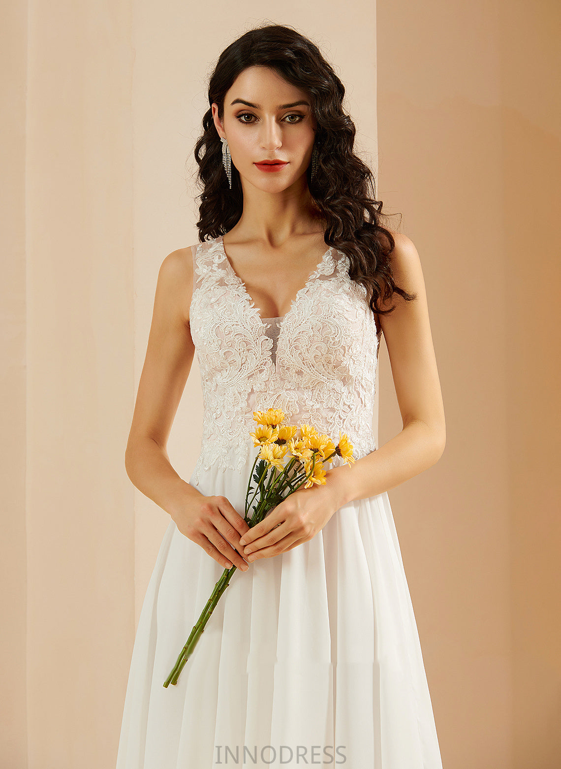 Sequins Wedding V-neck A-Line Chiffon Wedding Dresses With Janet Lace Dress Knee-Length