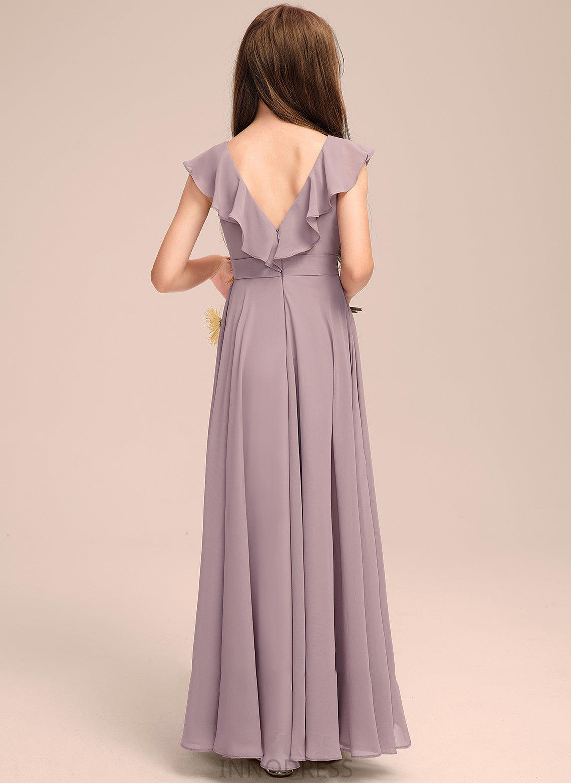 Selah Floor-Length Chiffon Junior Bridesmaid Dresses Cascading A-Line With Ruffles V-neck