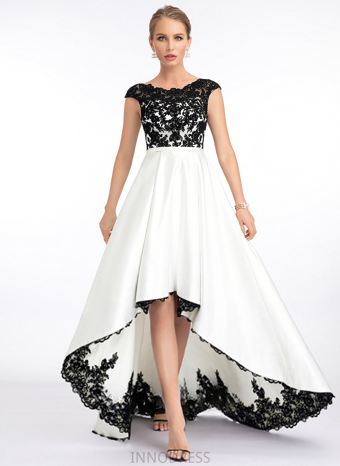 A-Line Prom Dresses Lace Scoop Rosalyn Illusion Asymmetrical Satin