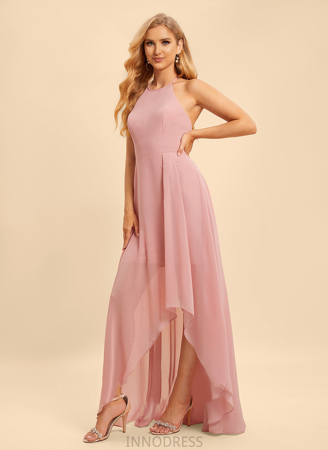 A-Line Neckline Halter Fabric Embellishment Silhouette Asymmetrical Ruffle Length Kay Natural Waist Scoop Bridesmaid Dresses