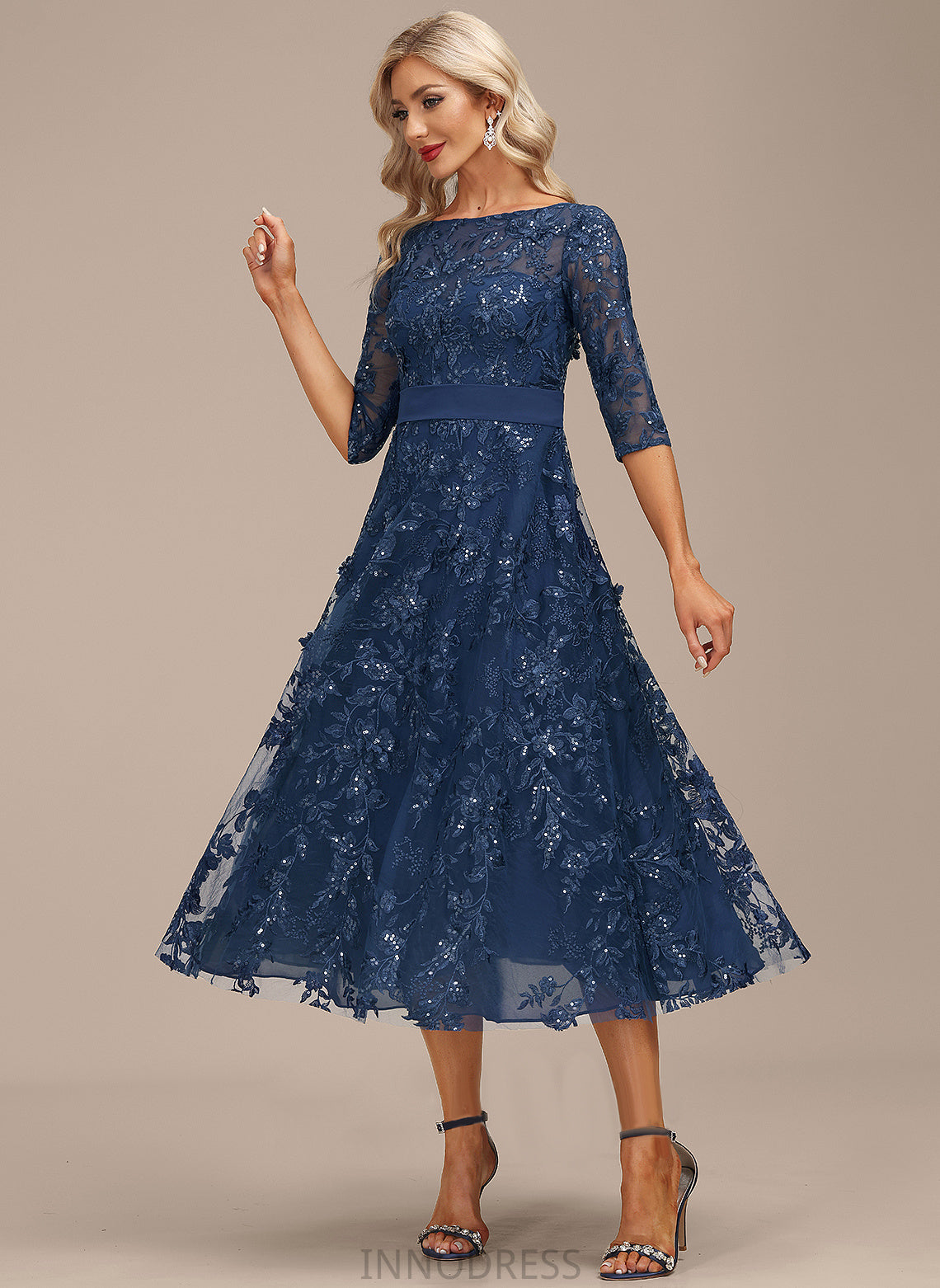 Dress Chiffon Lace Cocktail With A-Line Scoop Cocktail Dresses Sequins Tea-Length Hedwig Neck