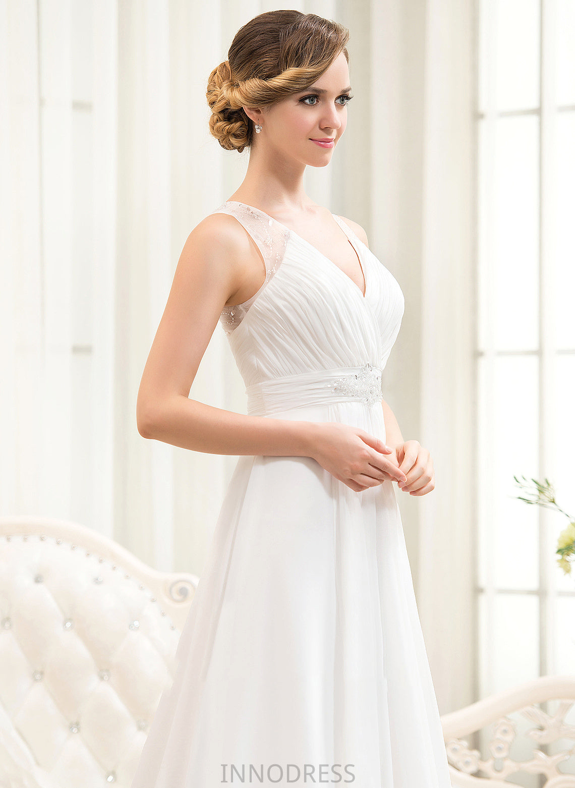 Sweep Chiffon Beading V-neck Wedding Dresses Train Cascading A-Line With Ruffles Dress Wedding Sequins Azul