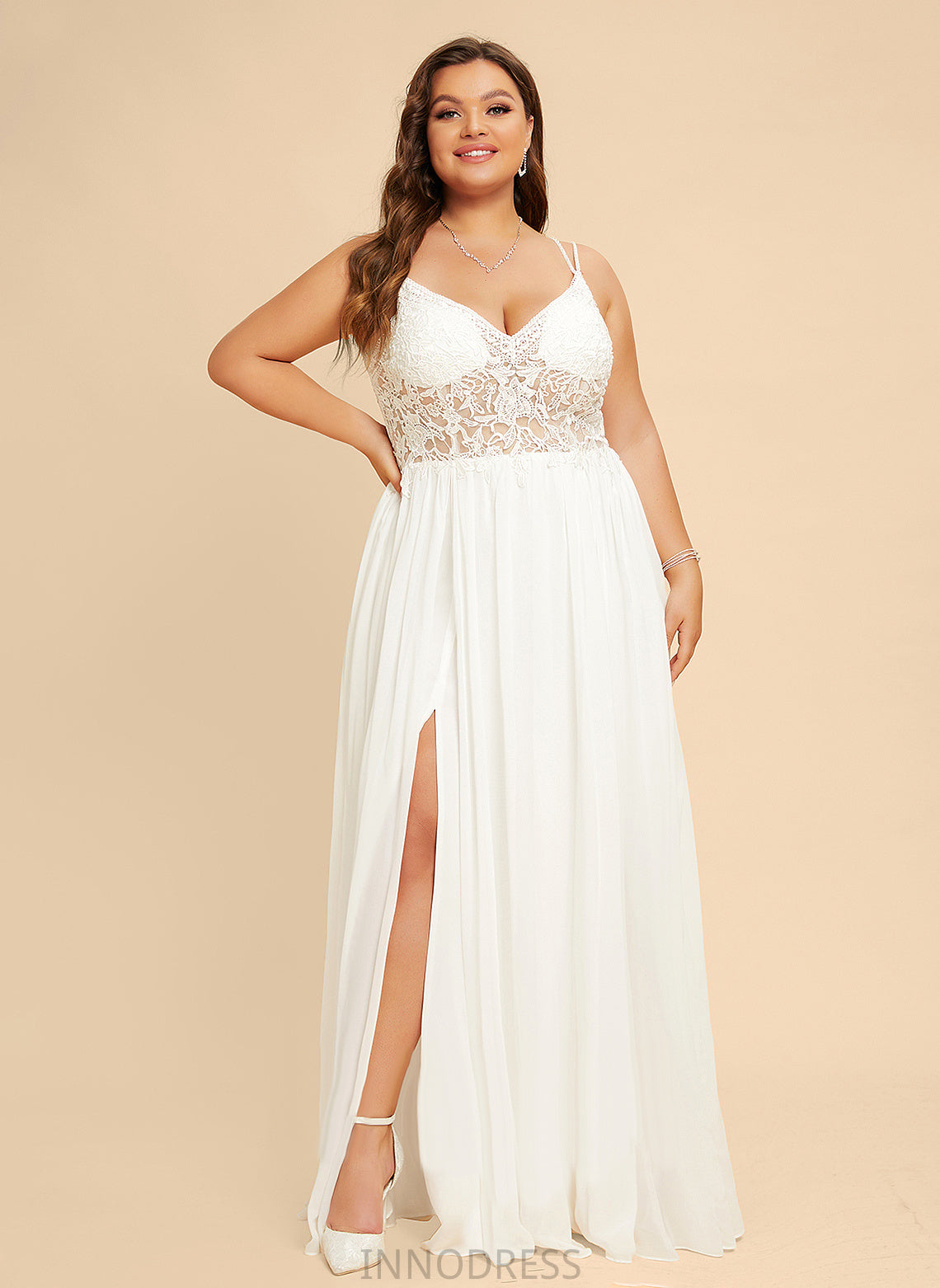 Floor-Length A-Line Wedding With V-neck Chiffon Wedding Dresses Lace Dress Beading Ireland