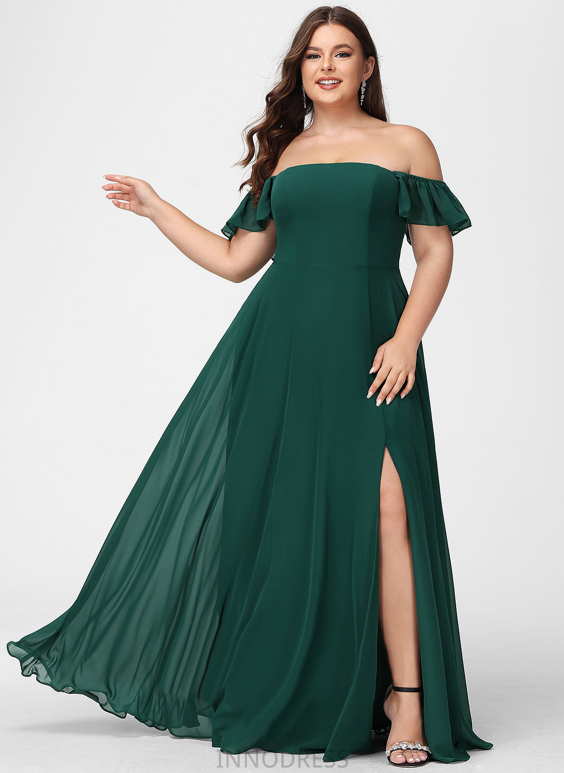 Fabric Neckline Silhouette Length Off-the-Shoulder SplitFront Embellishment Floor-Length A-Line Novia Sleeveless Scoop Bridesmaid Dresses