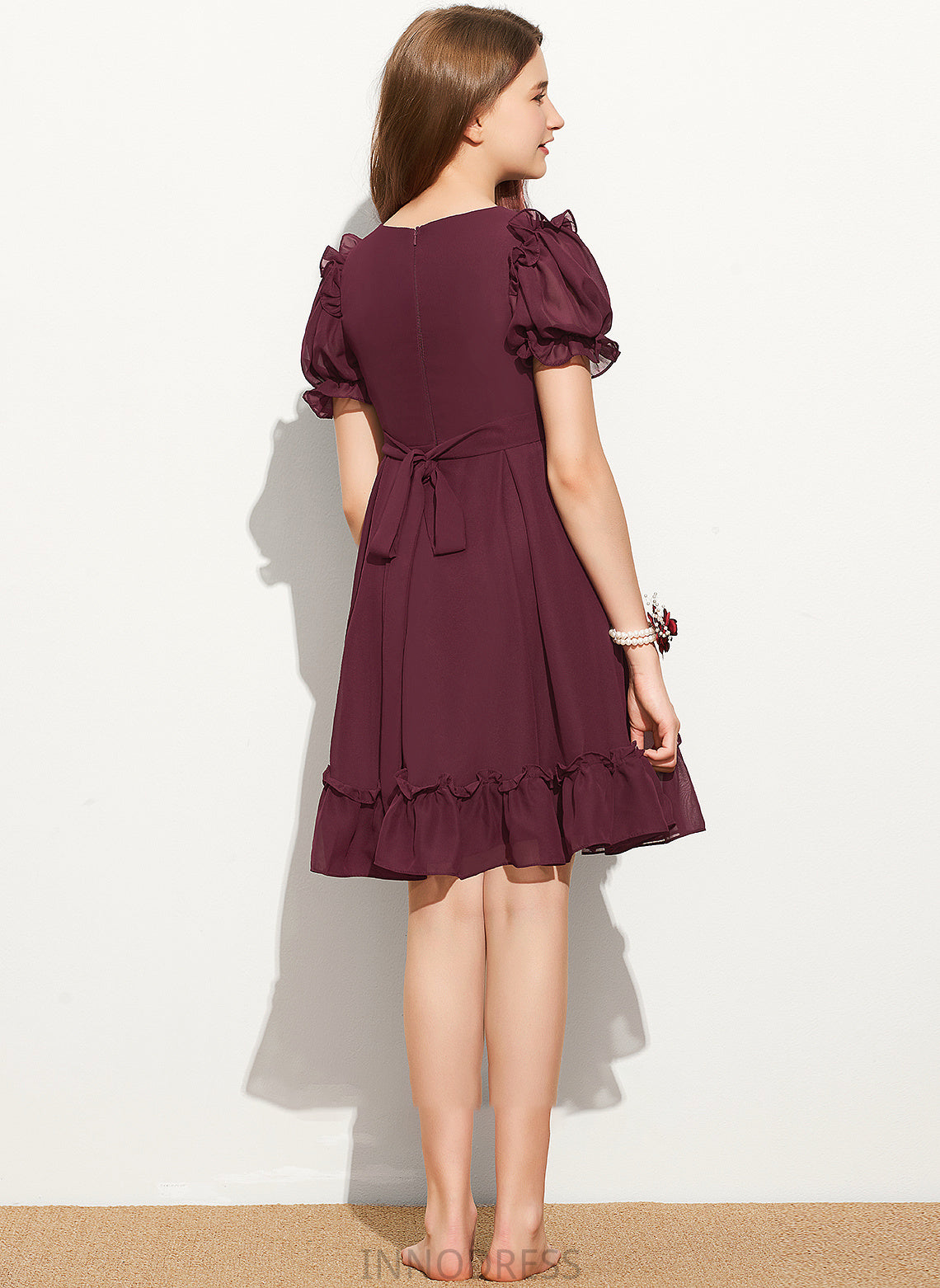 A-Line Chiffon Bow(s) Kaylynn Junior Bridesmaid Dresses With Cascading Scoop Knee-Length Neck Ruffles