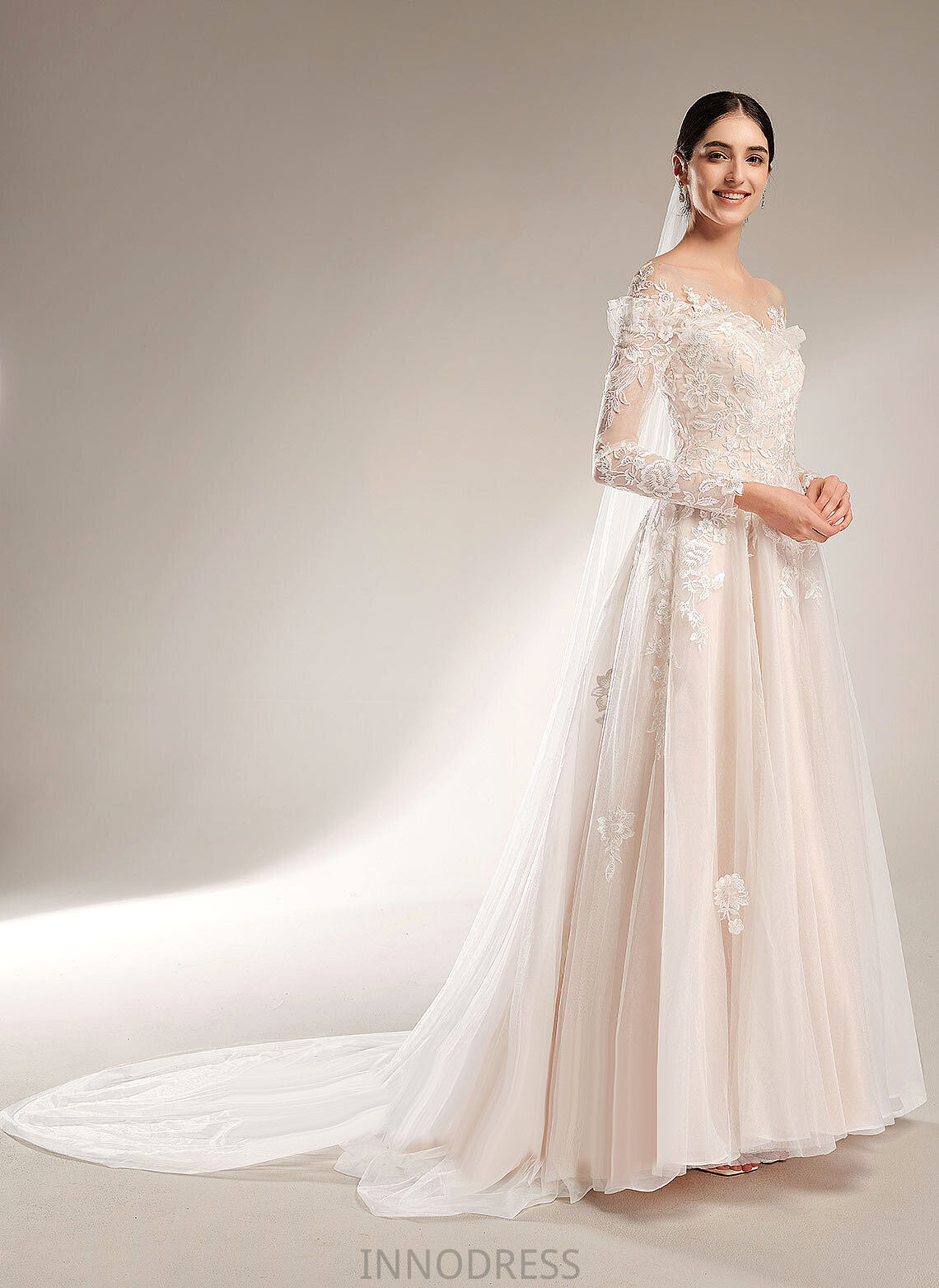 Court Wedding Dress Tulle Ball-Gown/Princess Train Caylee Sequins Lace Off-the-Shoulder With Wedding Dresses