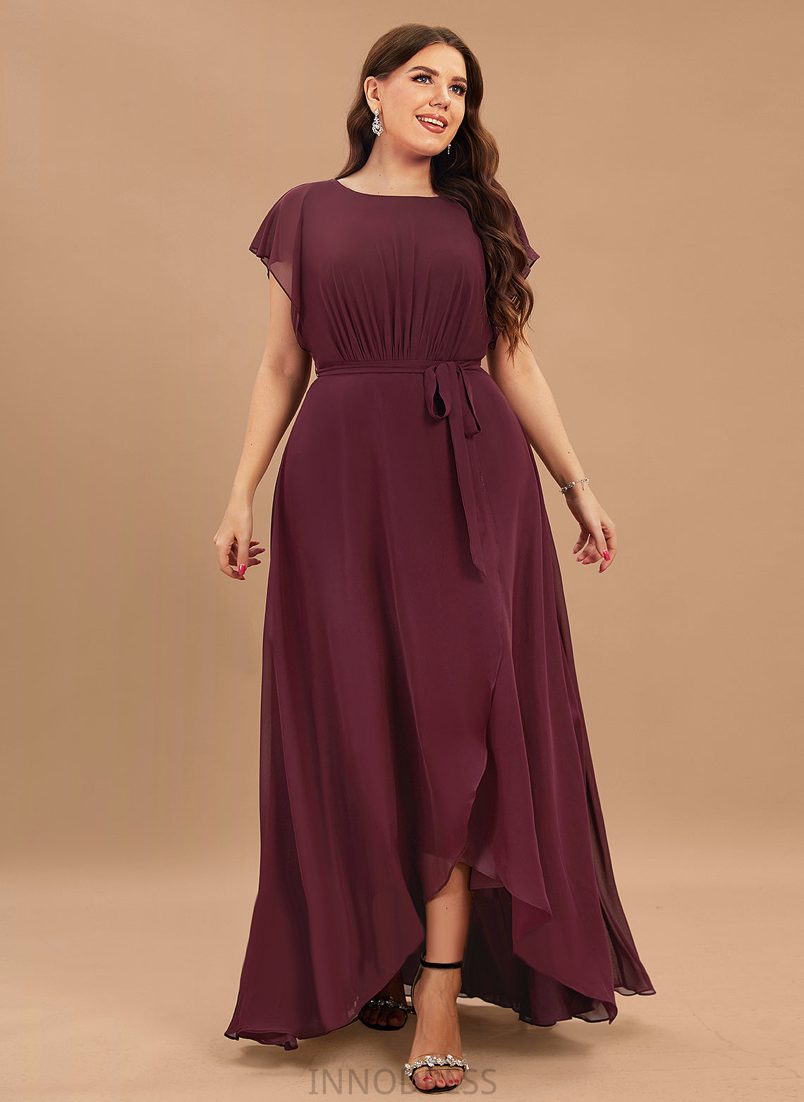 ScoopNeck Neckline Fabric Ruffle A-Line Asymmetrical Embellishment Length Silhouette Kamari One Shoulder Taffeta Bridesmaid Dresses