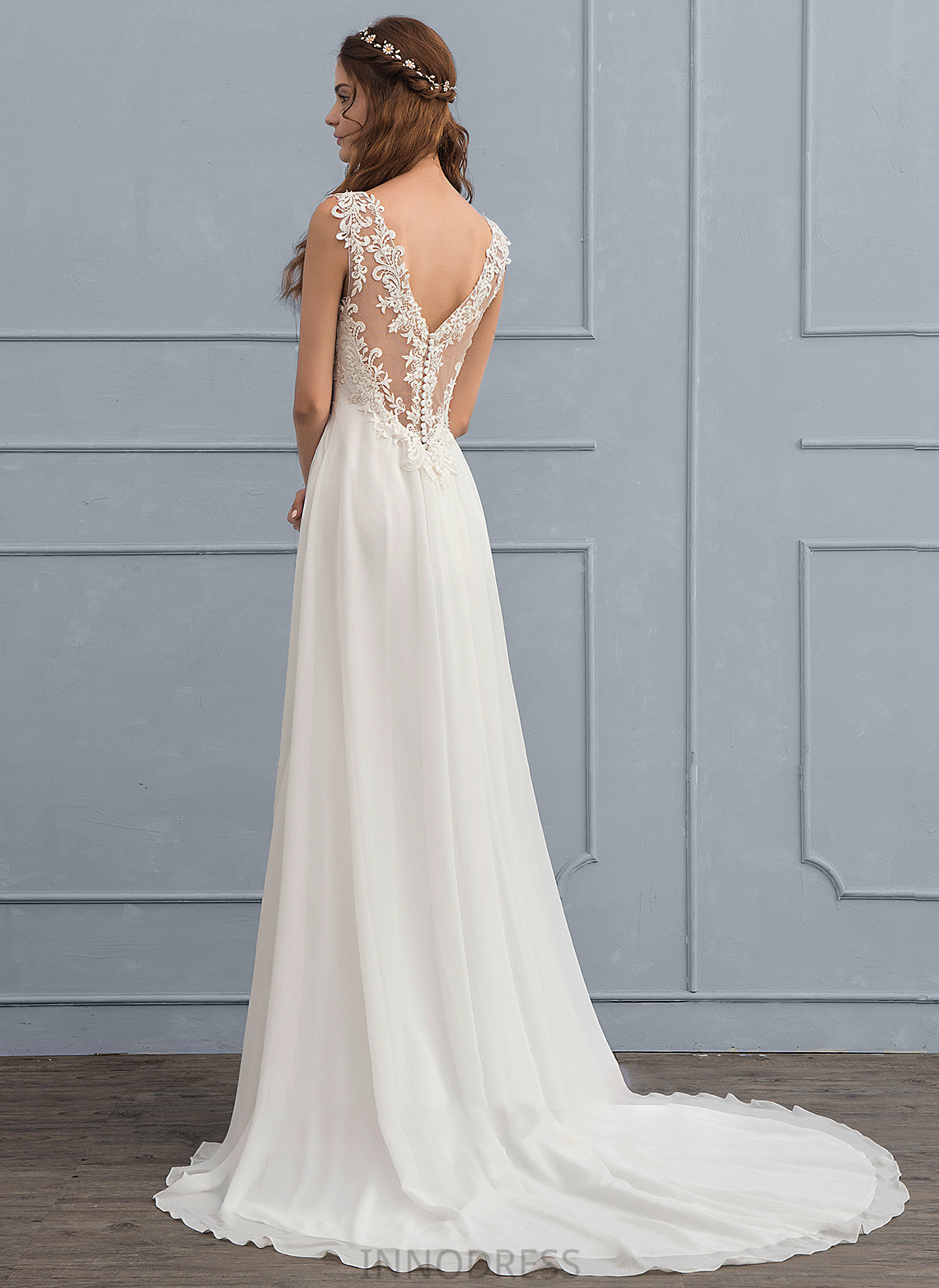 Elaina Court Chiffon Wedding Dress Wedding Dresses A-Line Sequins Beading Train With V-neck