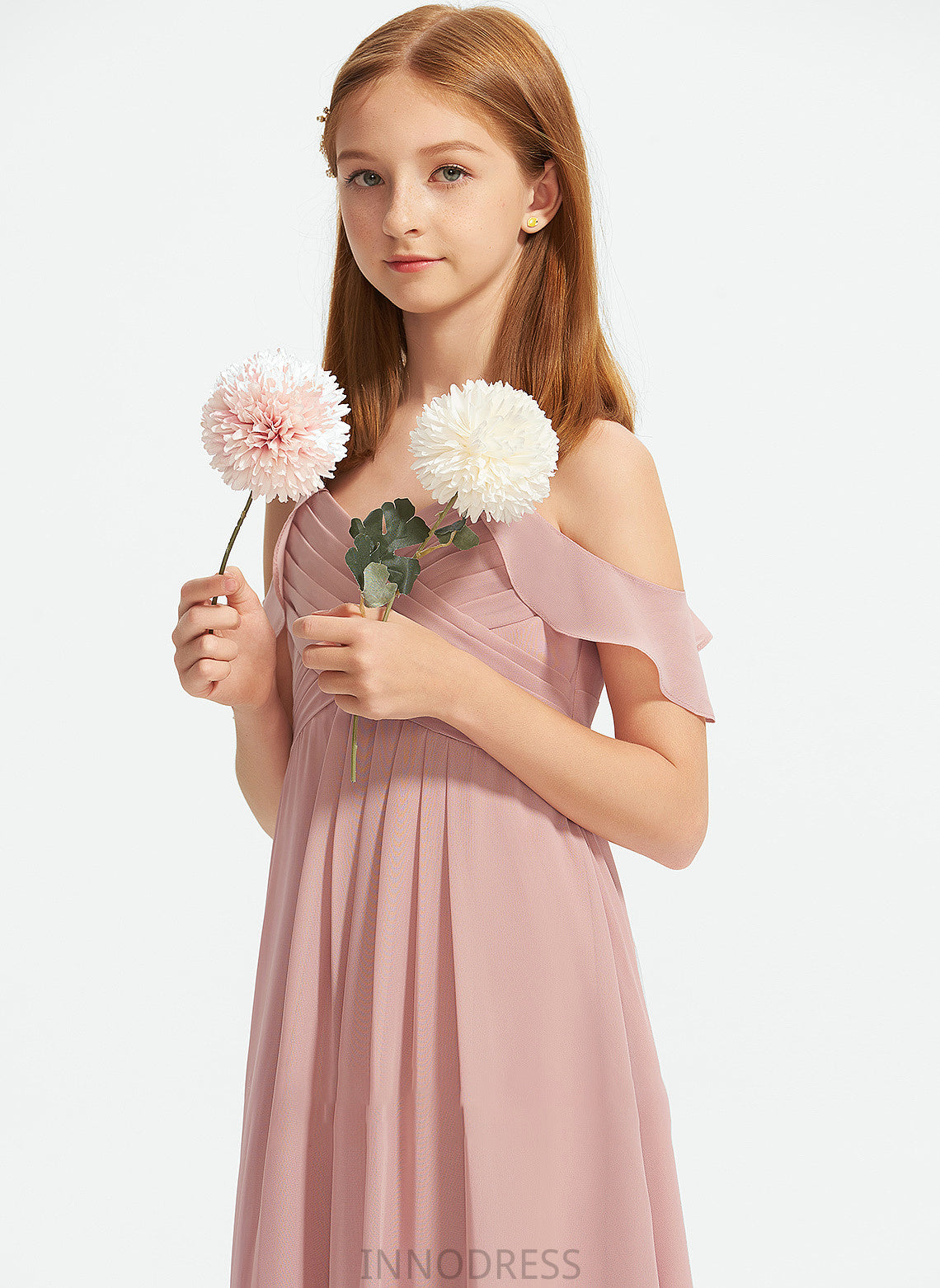 Off-the-Shoulder With Ryan Floor-Length Chiffon Junior Bridesmaid Dresses A-Line Ruffles Cascading