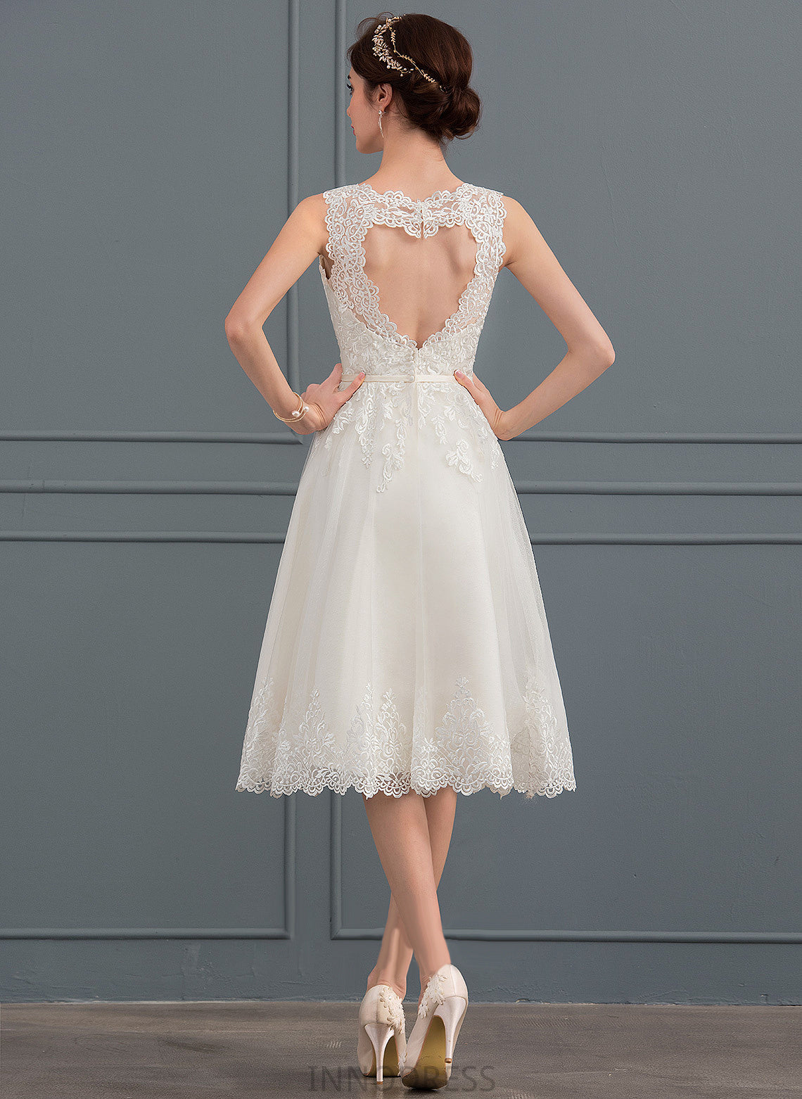 Illusion With Wedding Dresses A-Line Lace Dress Kayden Knee-Length Satin Bow(s) Wedding Tulle