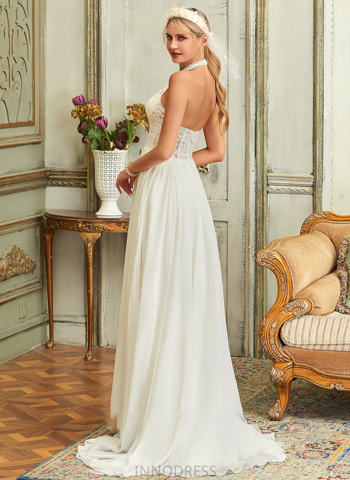 Lace Chiffon Sweep Train Wedding Dresses A-Line Kierra Halter Dress Wedding