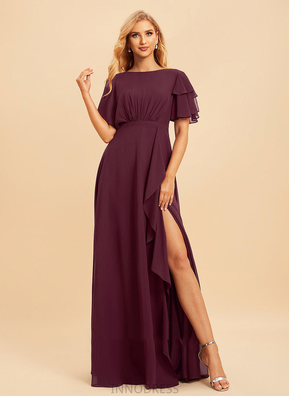 A-Line Embellishment ScoopNeck Ruffle Length Silhouette Neckline SplitFront Floor-Length Fabric Krystal V-Neck Bridesmaid Dresses