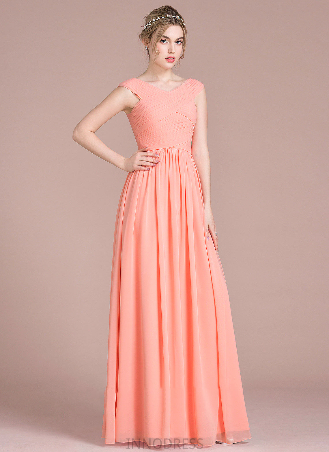 V-neck Chiffon Prom Dresses With Ruffle Ball-Gown/Princess Ryan Floor-Length