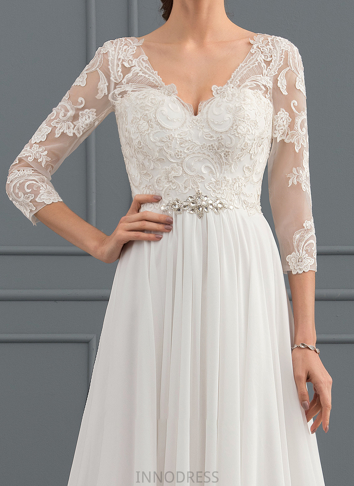 Sequins Logan Sweep With Beading Lace Chiffon Train Wedding A-Line Dress V-neck Wedding Dresses