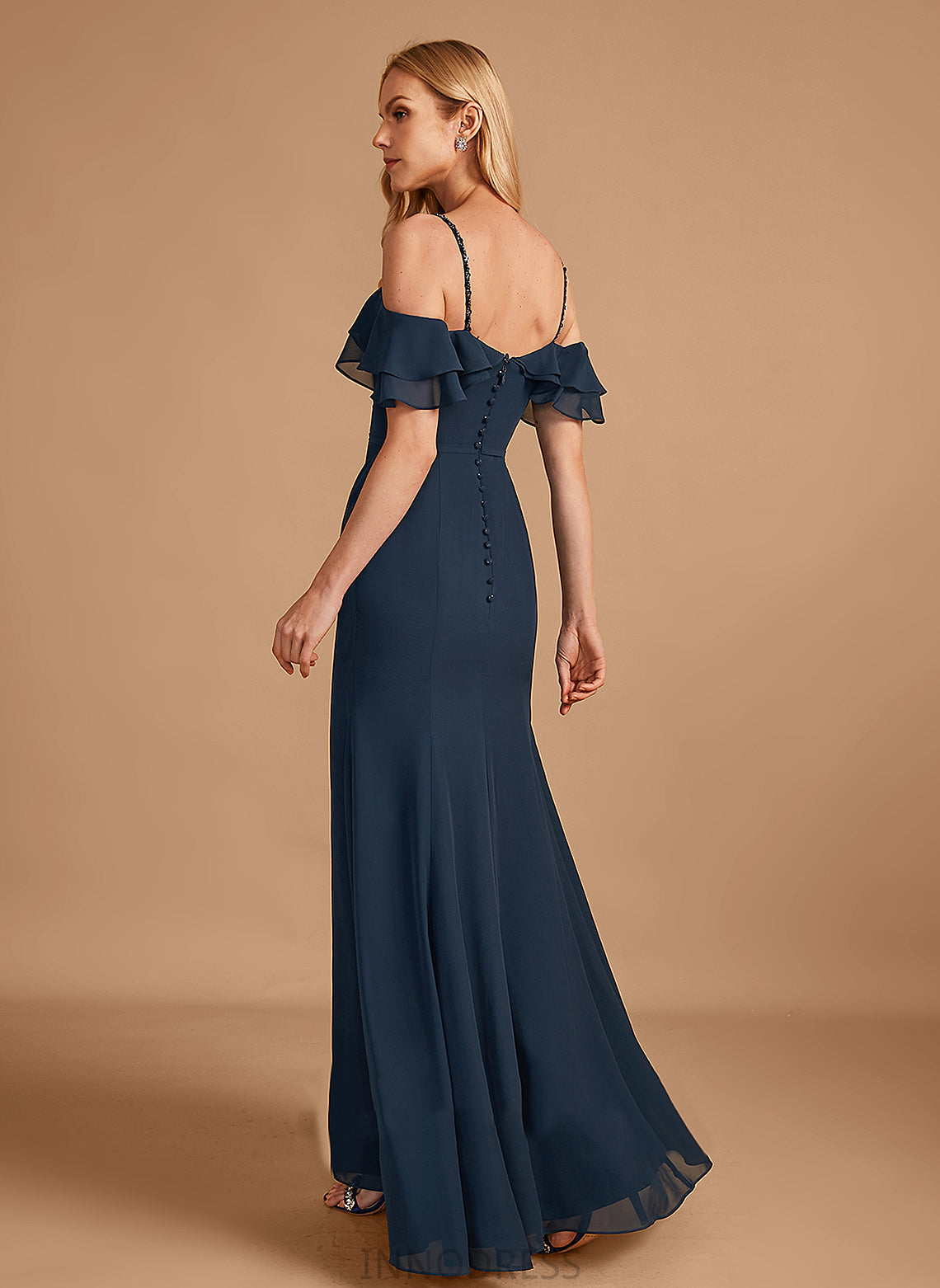 Beading Silhouette Embellishment Neckline Off-the-Shoulder Floor-Length Sheath/Column Fabric Ruffle Length Jaelynn Natural Waist Bridesmaid Dresses