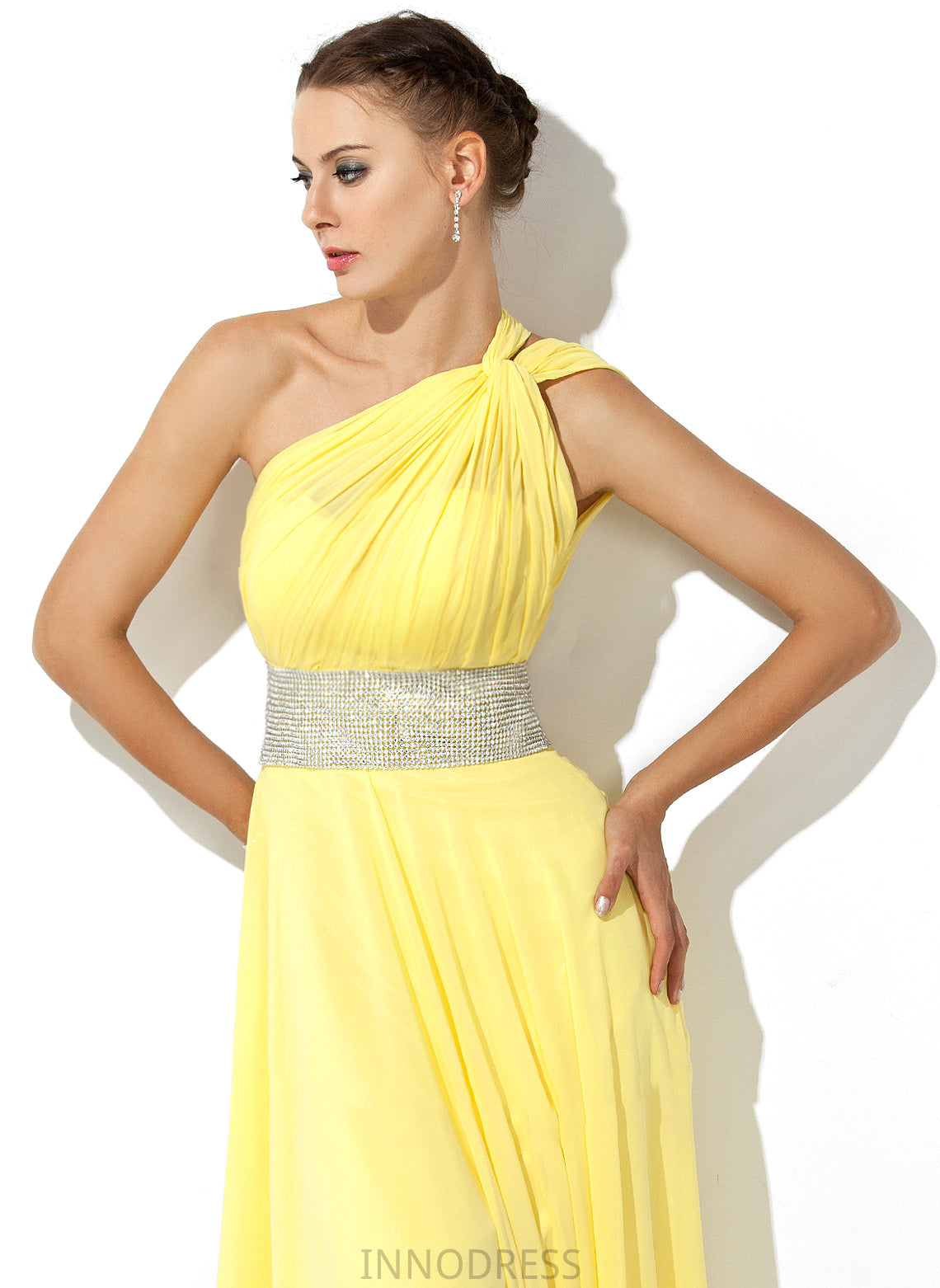 A-Line Beading Floor-Length With Diana Chiffon Prom Dresses One-Shoulder Ruffle