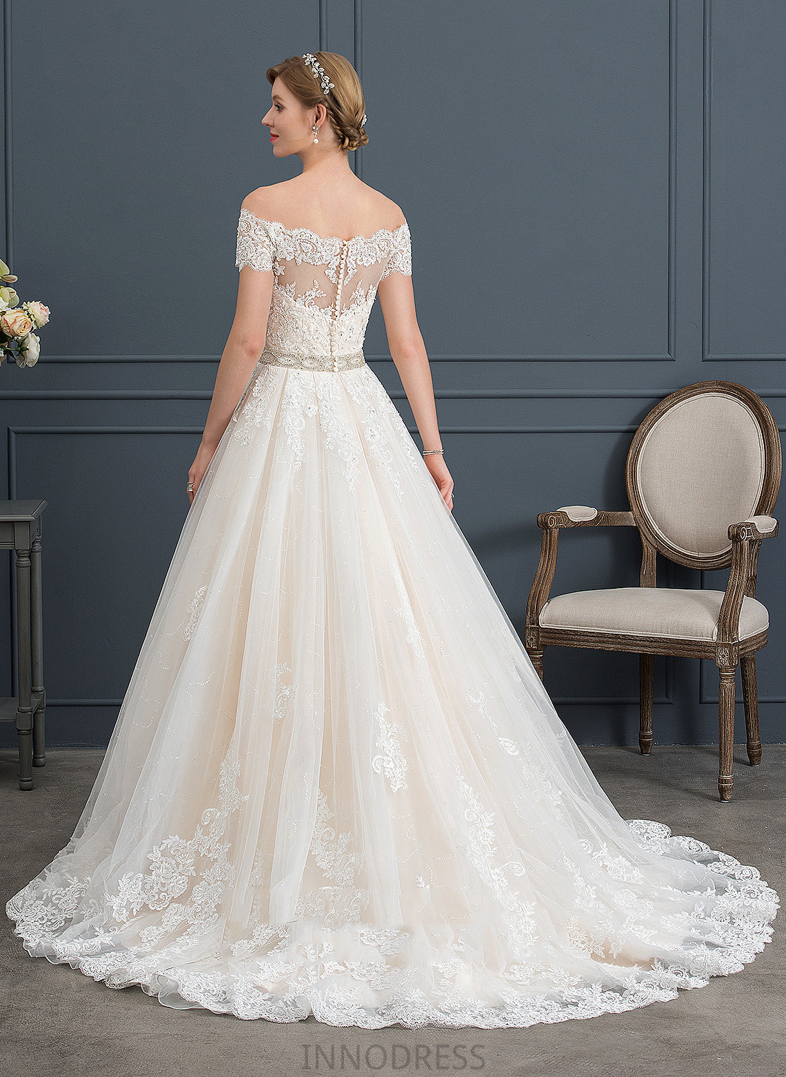 Sequins Court Lace Train Off-the-Shoulder Wedding Destinee Ball-Gown/Princess With Wedding Dresses Beading Tulle Dress