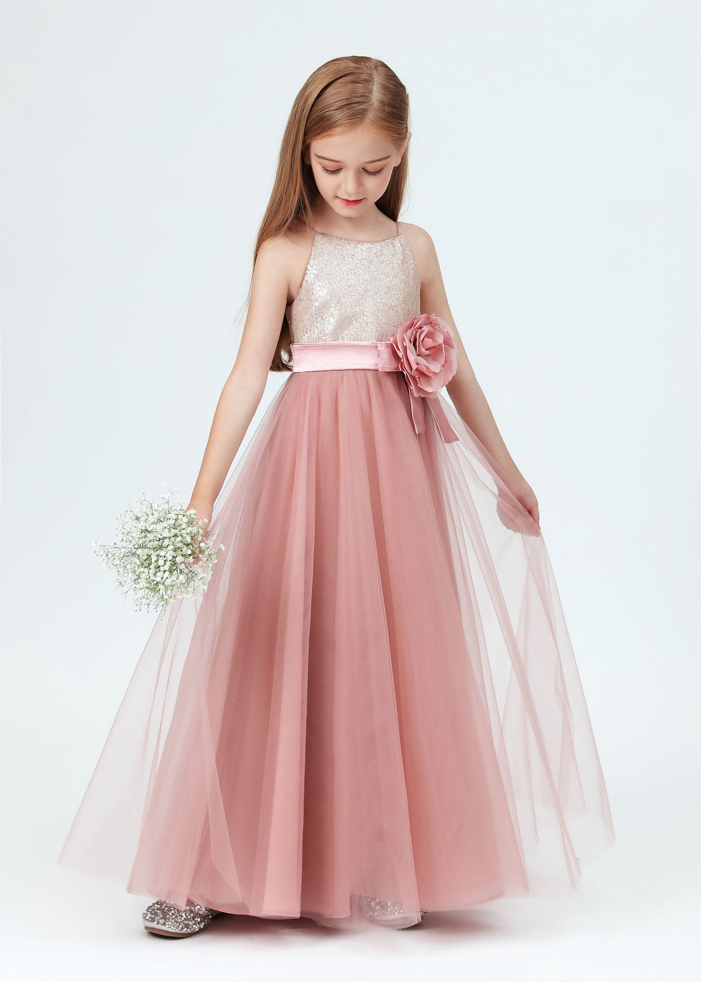 Spaghetti Strap Sequined Tulle Flower Girl Dresses With Flower Bow