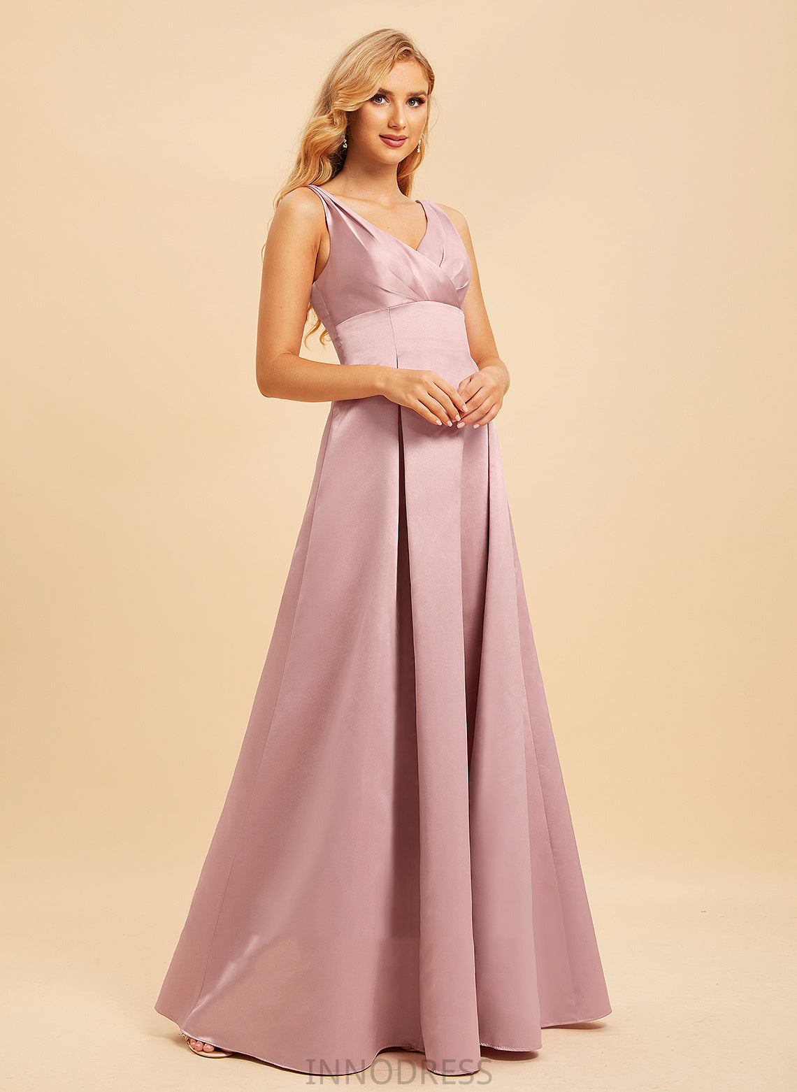 Straps A-Line Satin Length Silhouette V-neck Floor-Length Neckline Fabric Amanda Sleeveless Natural Waist Bridesmaid Dresses