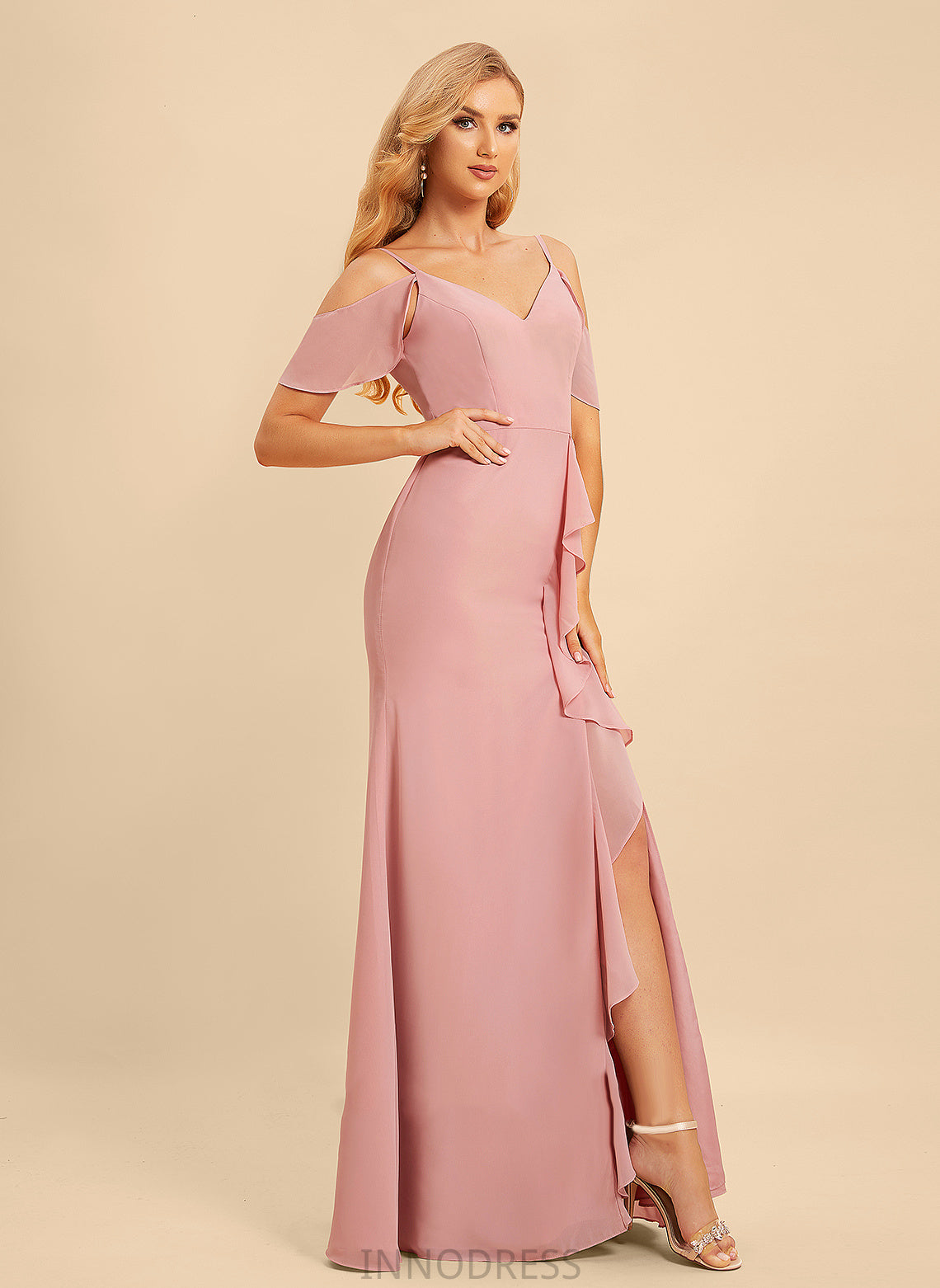 Neckline Ruffle SplitFront V-neck A-Line Fabric Silhouette Length Floor-Length Embellishment Abigail A-Line/Princess Bridesmaid Dresses