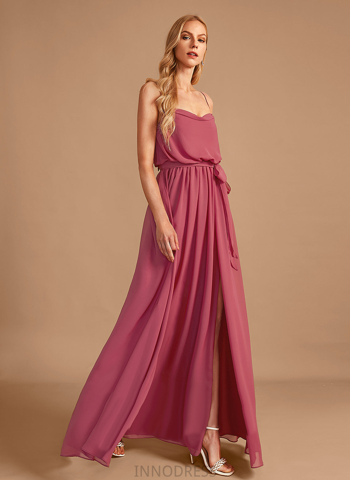 Embellishment Ruffle Silhouette Length CowlNeck Neckline Floor-Length A-Line Fabric SplitFront Sue Sleeveless Bridesmaid Dresses