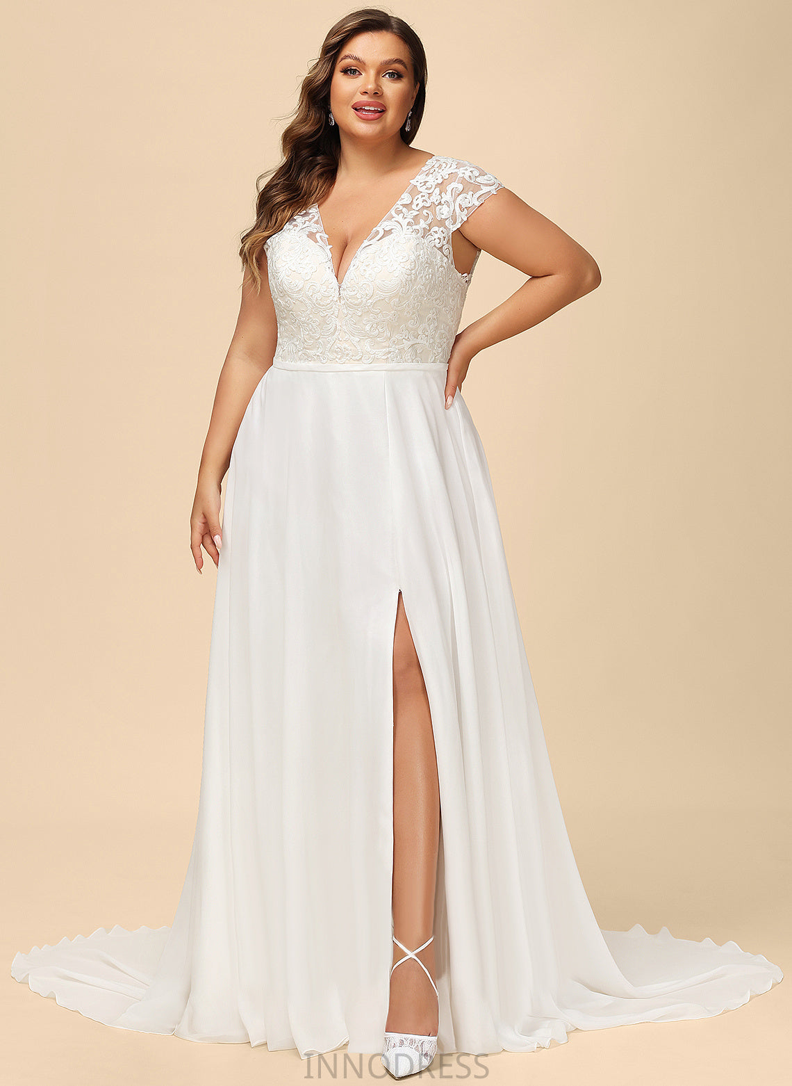 Sweep Wedding Dresses V-neck Split Lace Dress Train Chiffon Front Wedding With Rylie A-Line