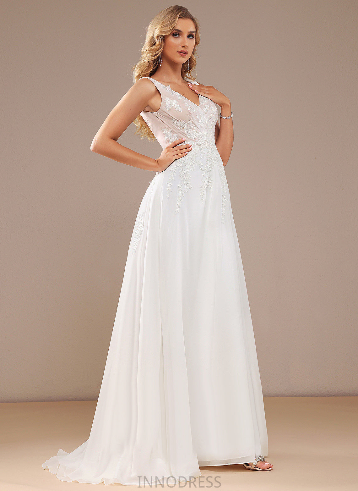 Lace Dress Train With Sequins V-neck Chiffon Mireya Split Front Lace A-Line Wedding Sweep Wedding Dresses