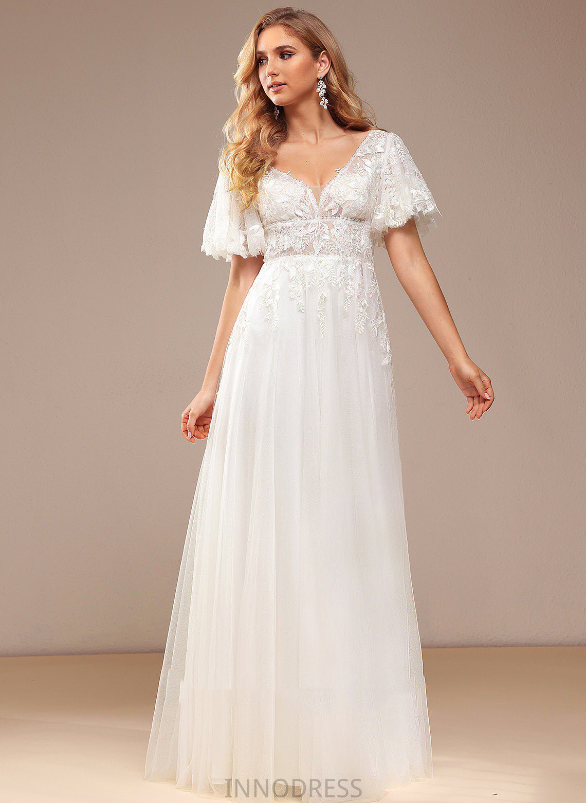 Sequins A-Line With Floor-Length Reese Dress Wedding Dresses Lace Wedding Beading Lace Tulle V-neck