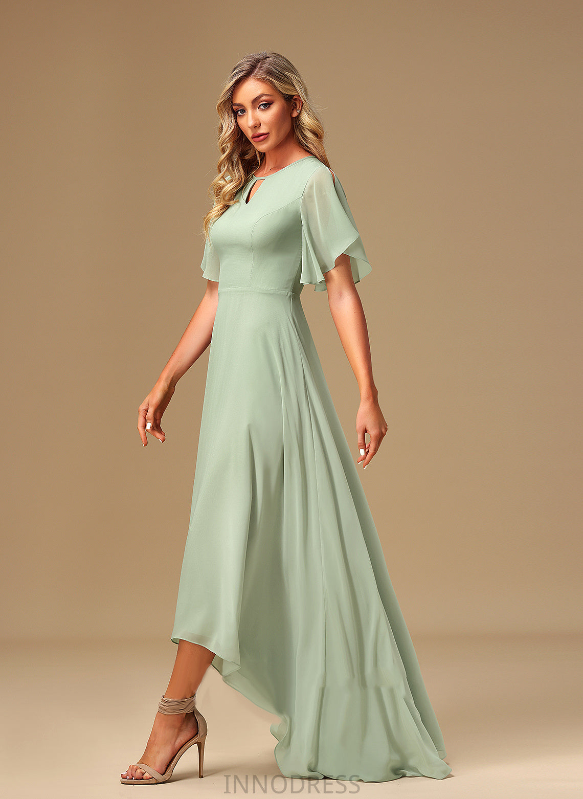 Fabric Length Silhouette Straps Embellishment A-Line Asymmetrical Ruffle Alison Scoop Natural Waist Floor Length Bridesmaid Dresses