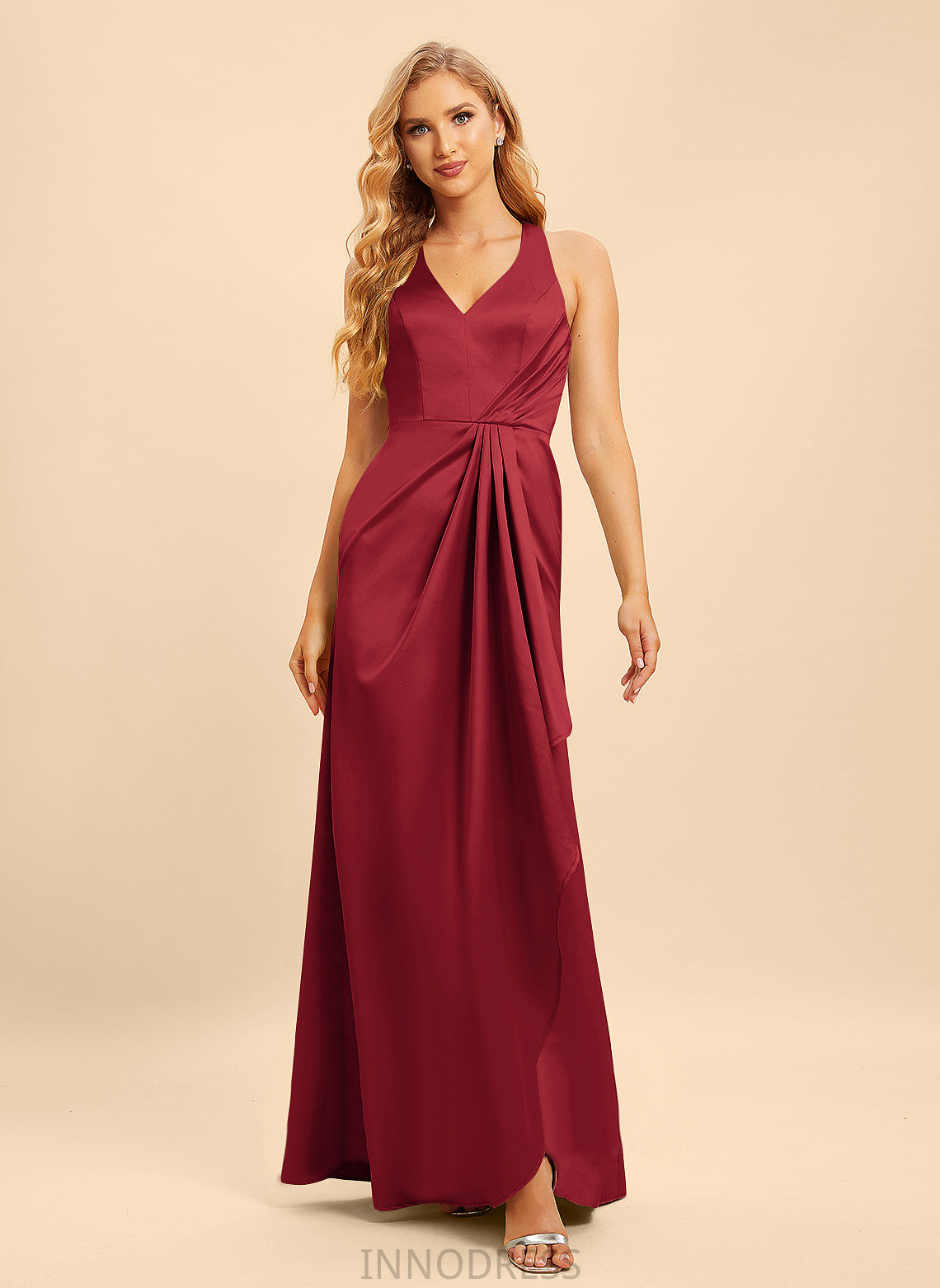 Embellishment Fabric SplitFront Floor-Length Silhouette Ruffle Neckline Length V-neck A-Line Brianna Sleeveless Bridesmaid Dresses