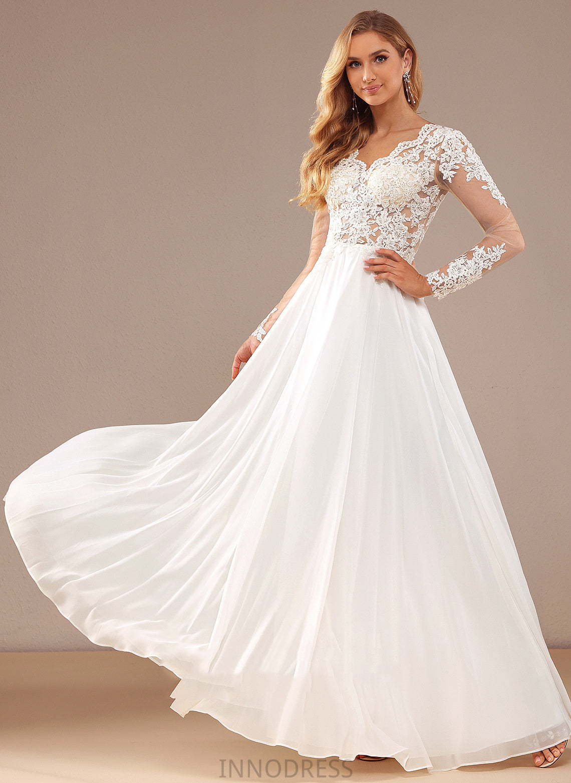 Sequins Wedding Dresses Kristina Chiffon Wedding V-neck A-Line Floor-Length Lace Dress Lace With