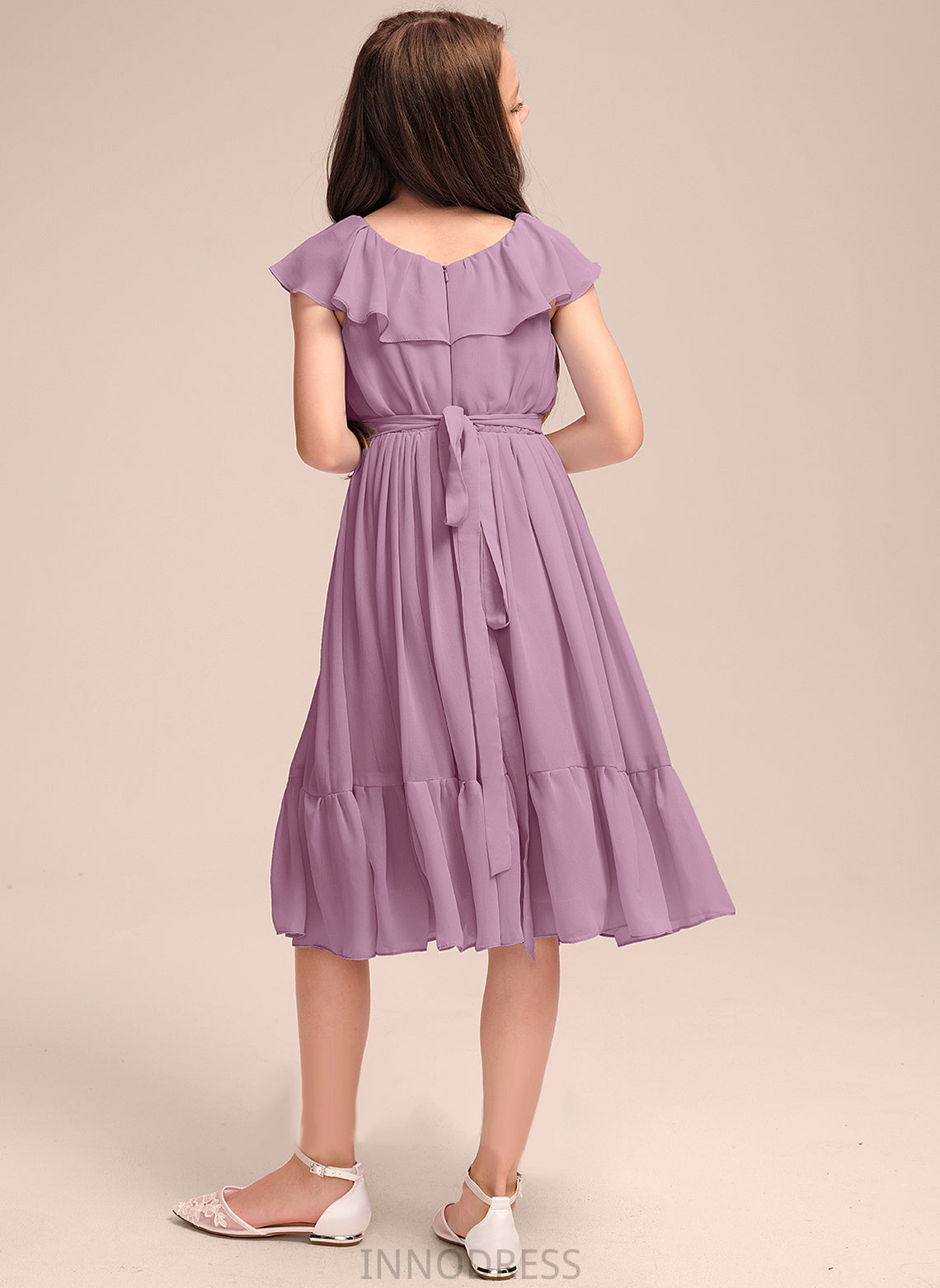 Bow(s) A-Line Ruffles Chiffon Cascading Knee-Length Xiomara Scoop Neck With Junior Bridesmaid Dresses