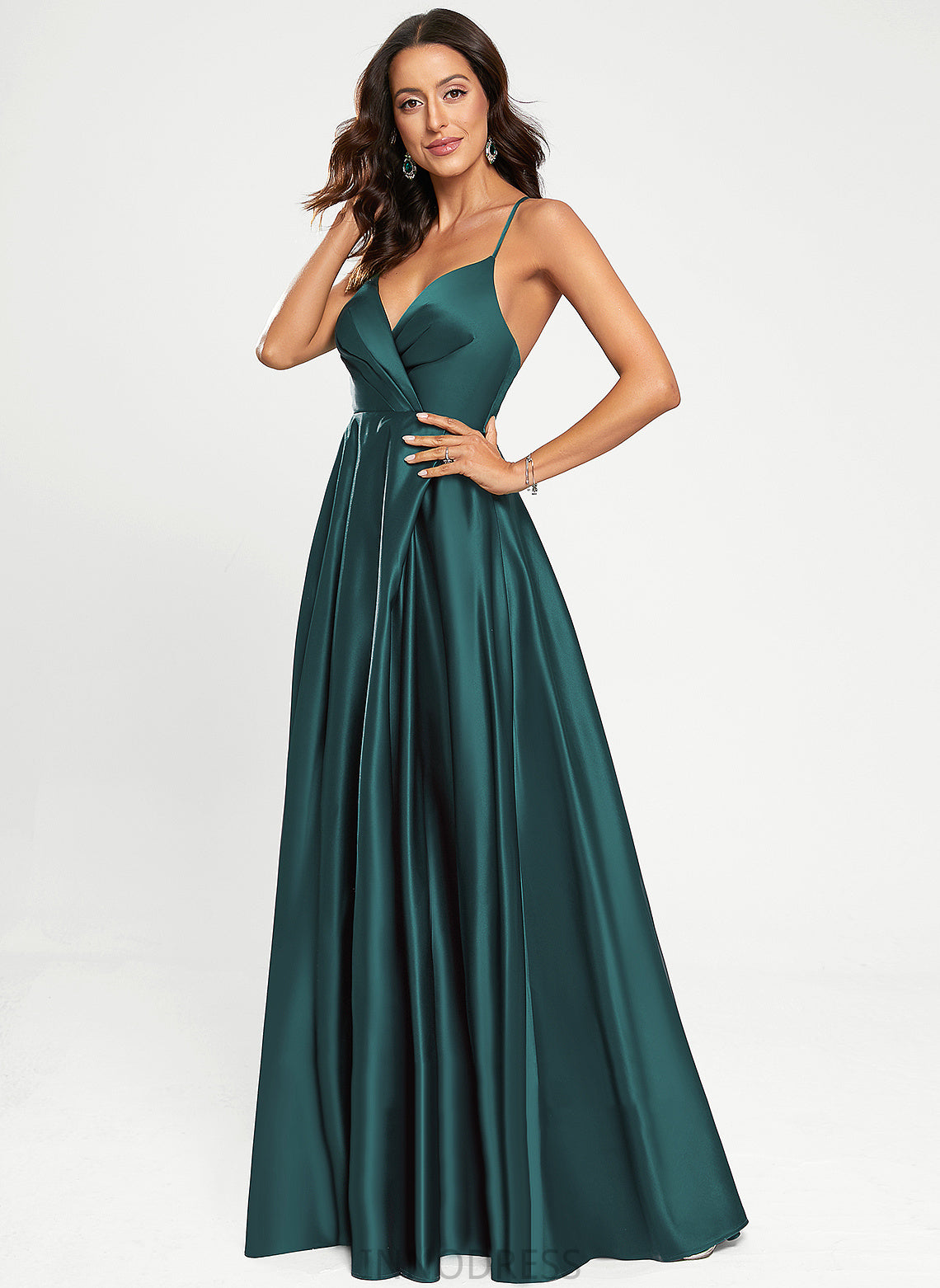 Floor-Length Satin A-Line V-neck Prom Dresses Damaris