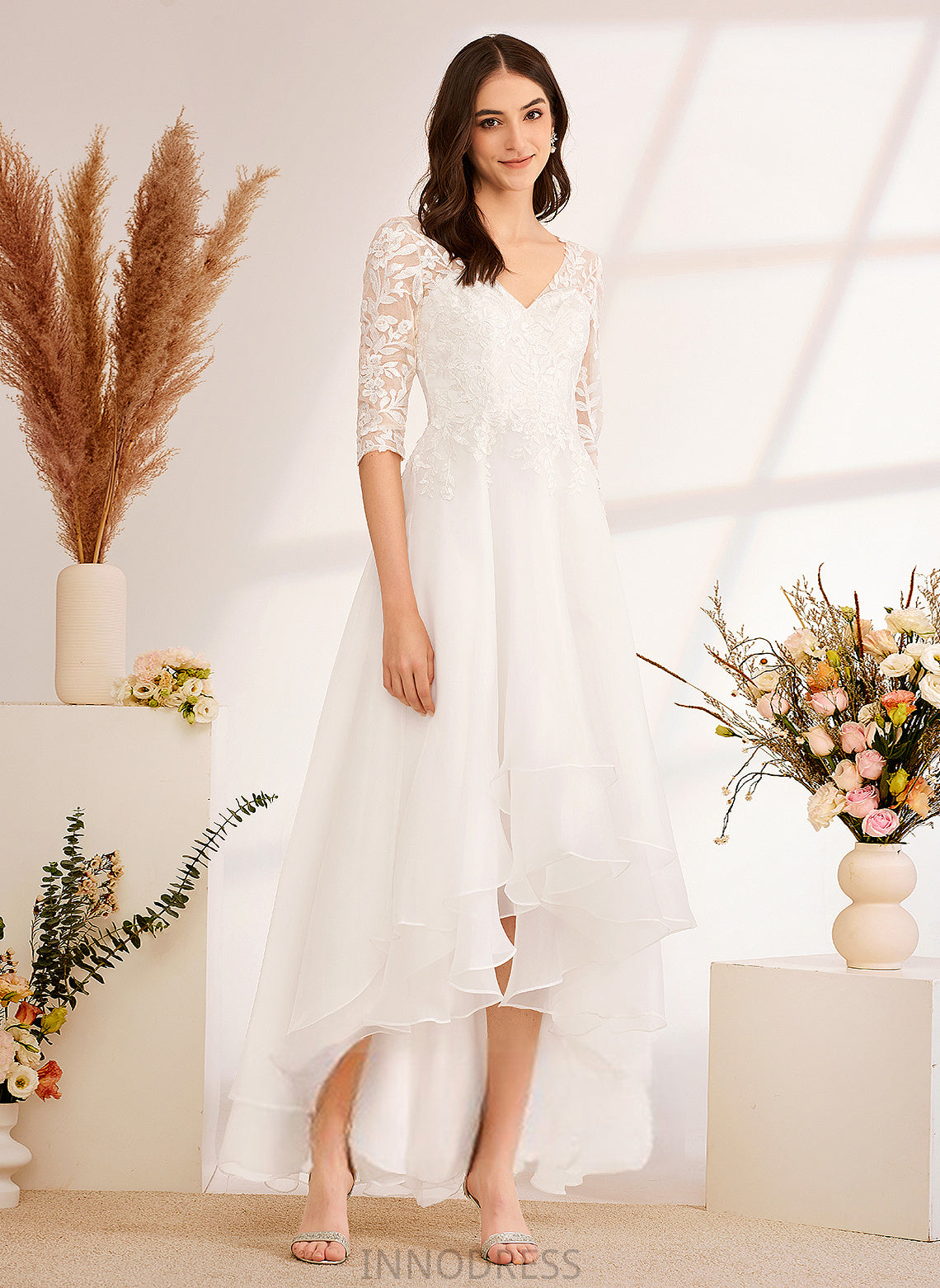 V-neck A-Line Lace Wedding Dresses With Tulle Dress Kamila Asymmetrical Beading Wedding Sequins