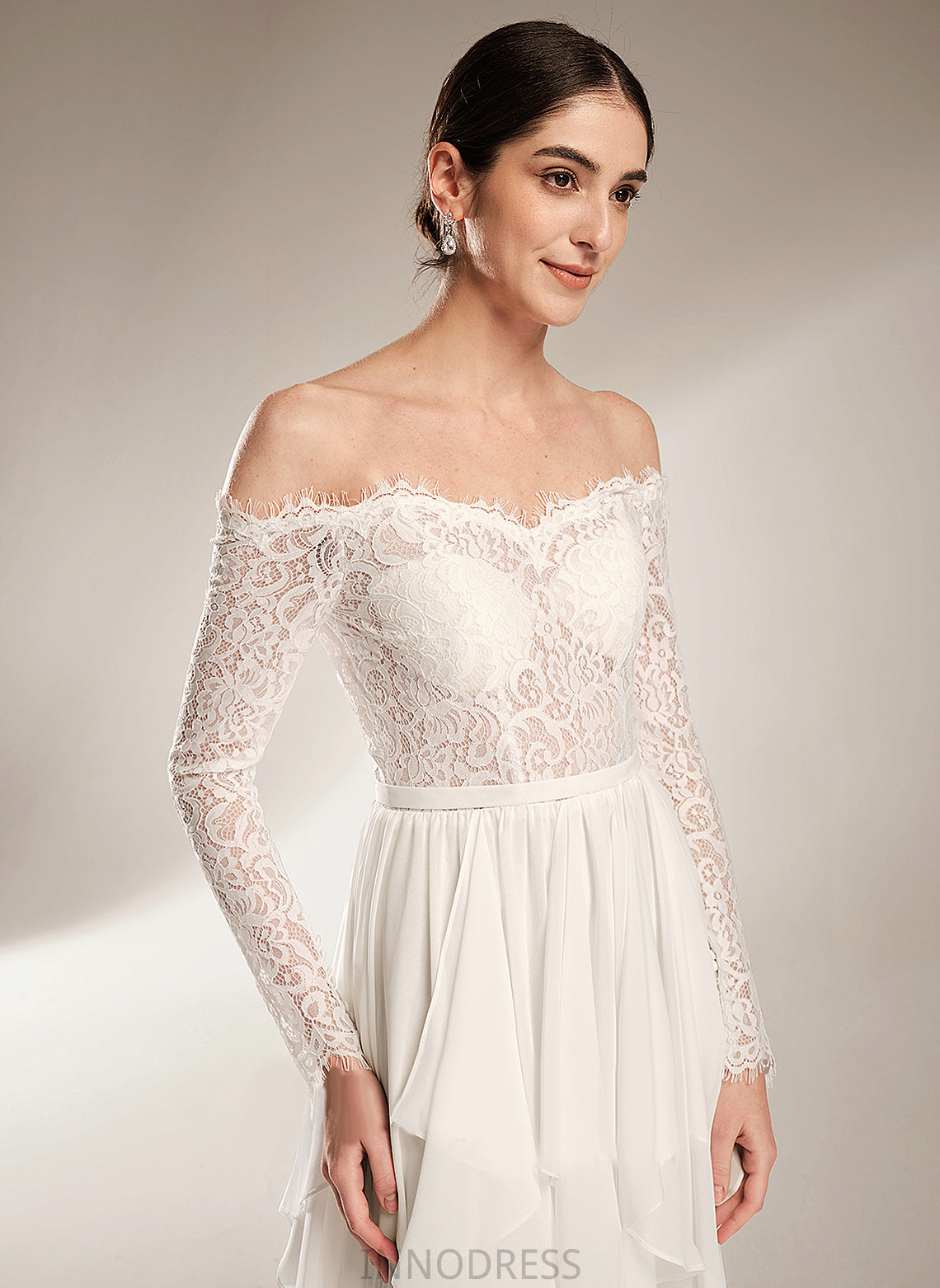 Wedding Dresses Court Off-the-Shoulder Dress Ruffle Lace Dominique With Train Chiffon A-Line Wedding