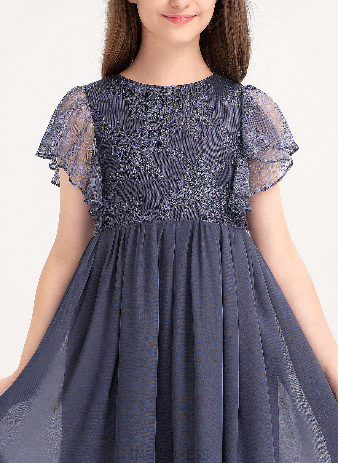 Lace Junior Bridesmaid Dresses With Scoop Cascading Denise Neck Knee-Length A-Line Ruffles Chiffon