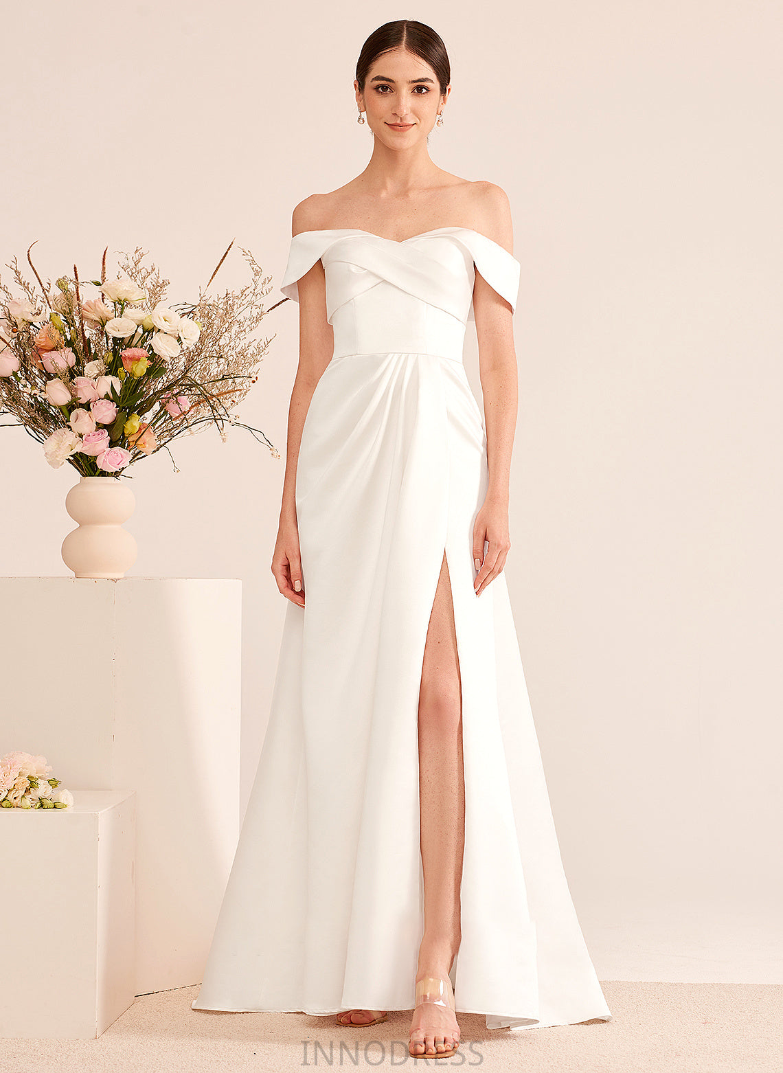 With A-Line Ruffle Split Wedding Miah Off-the-Shoulder Train Front Dress Sweep Wedding Dresses