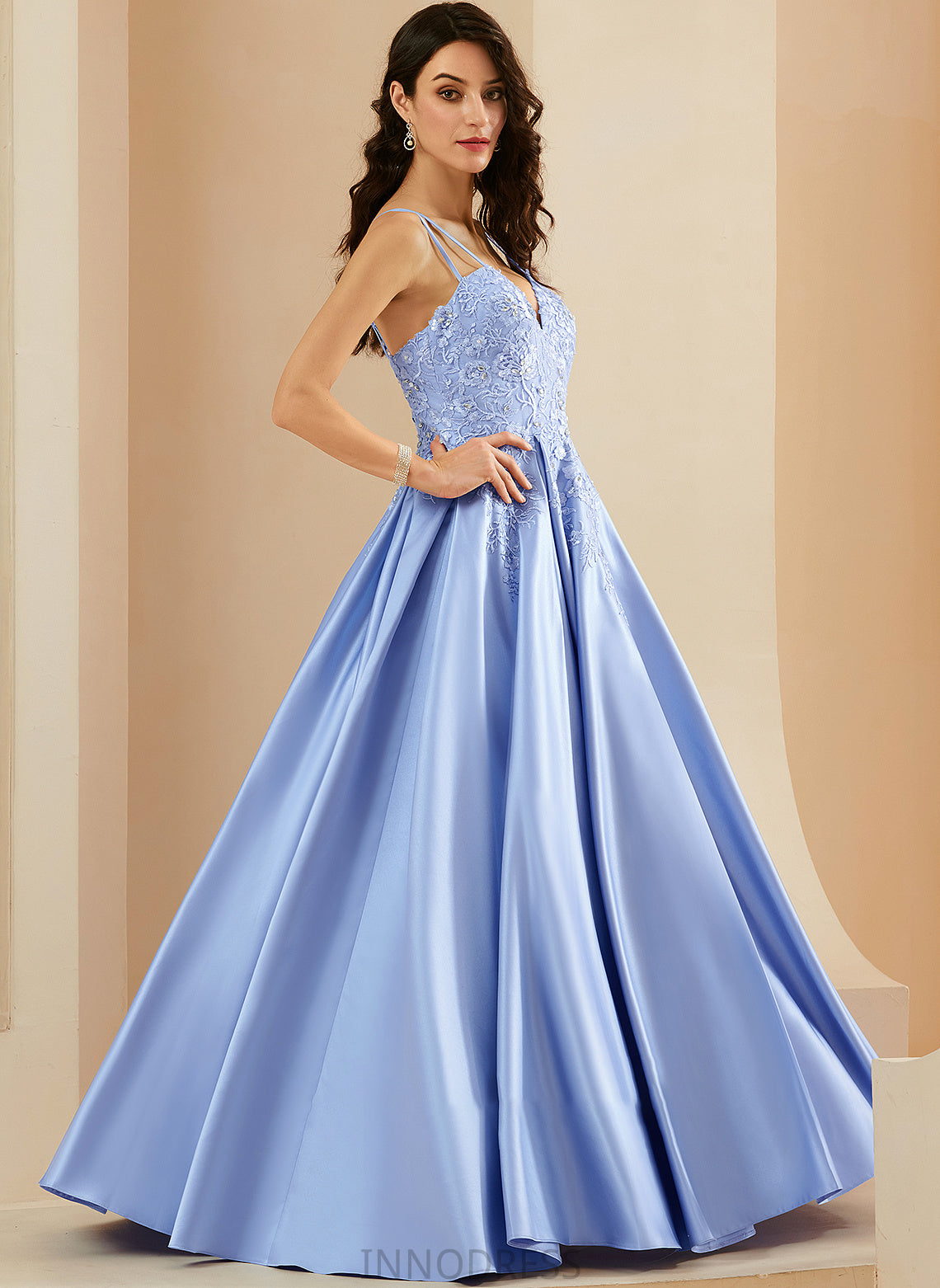 Prom Dresses V-neck Satin Carlee Beading Sequins With Floor-Length Ball-Gown/Princess