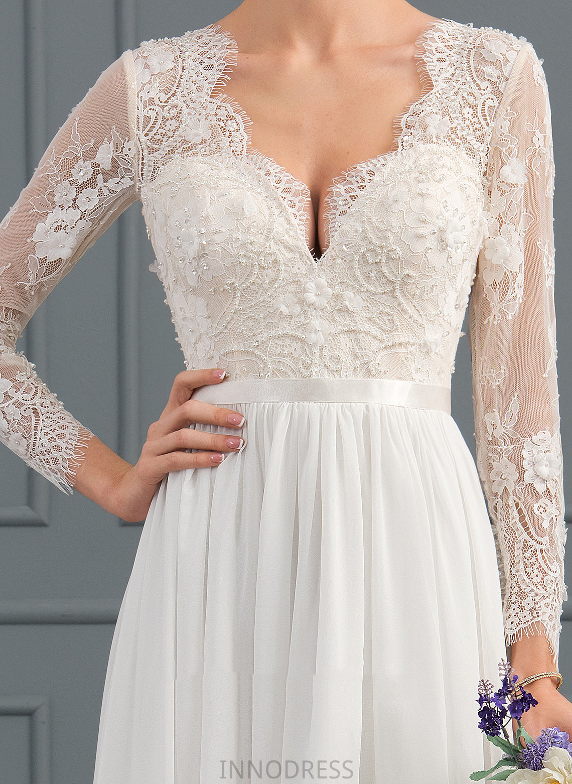 Train With Wedding Dresses Beading Sweep Kailyn Sequins Chiffon A-Line V-neck Wedding Dress Lace