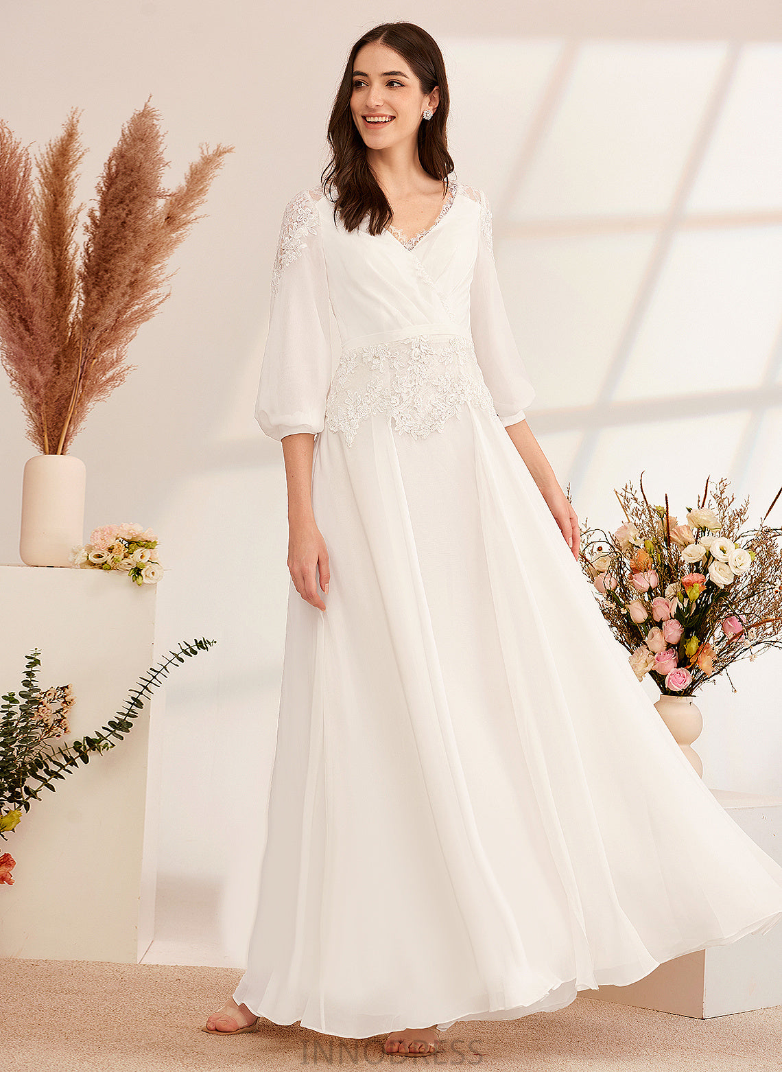 V-neck Floor-Length Madelyn Chiffon With Dress Wedding Dresses A-Line Lace Wedding