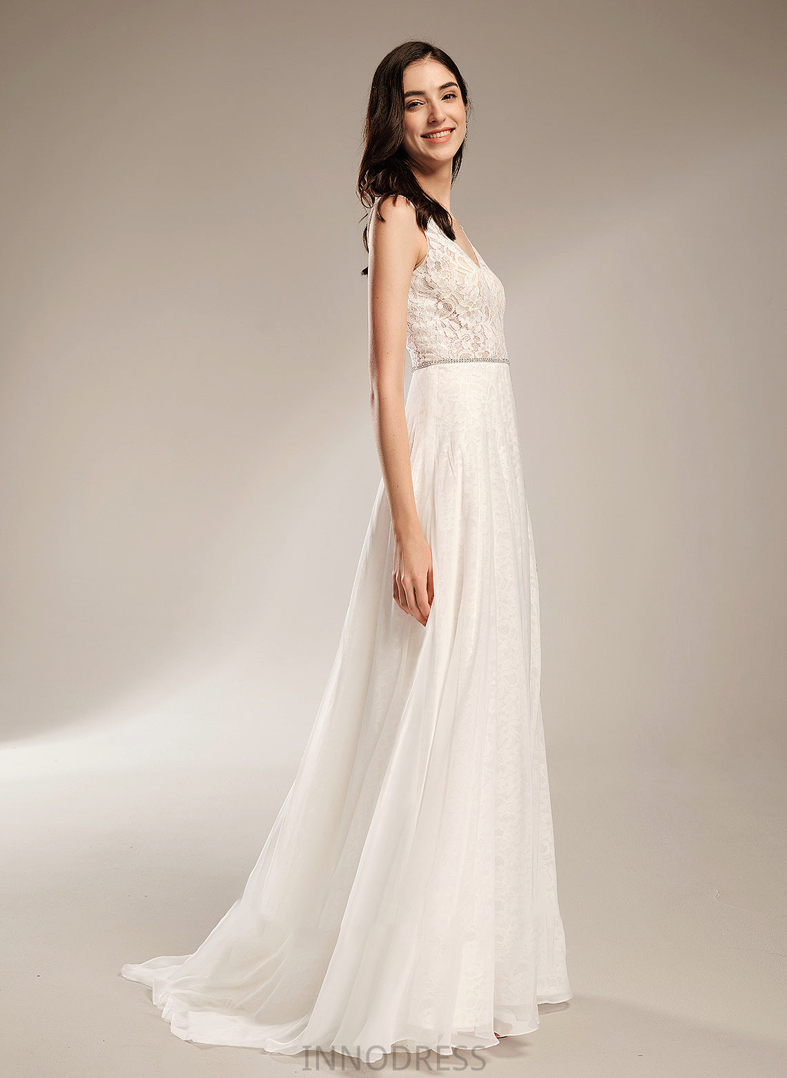 With Sweep Wedding Dresses Train Wedding Kamora V-neck Dress A-Line Beading