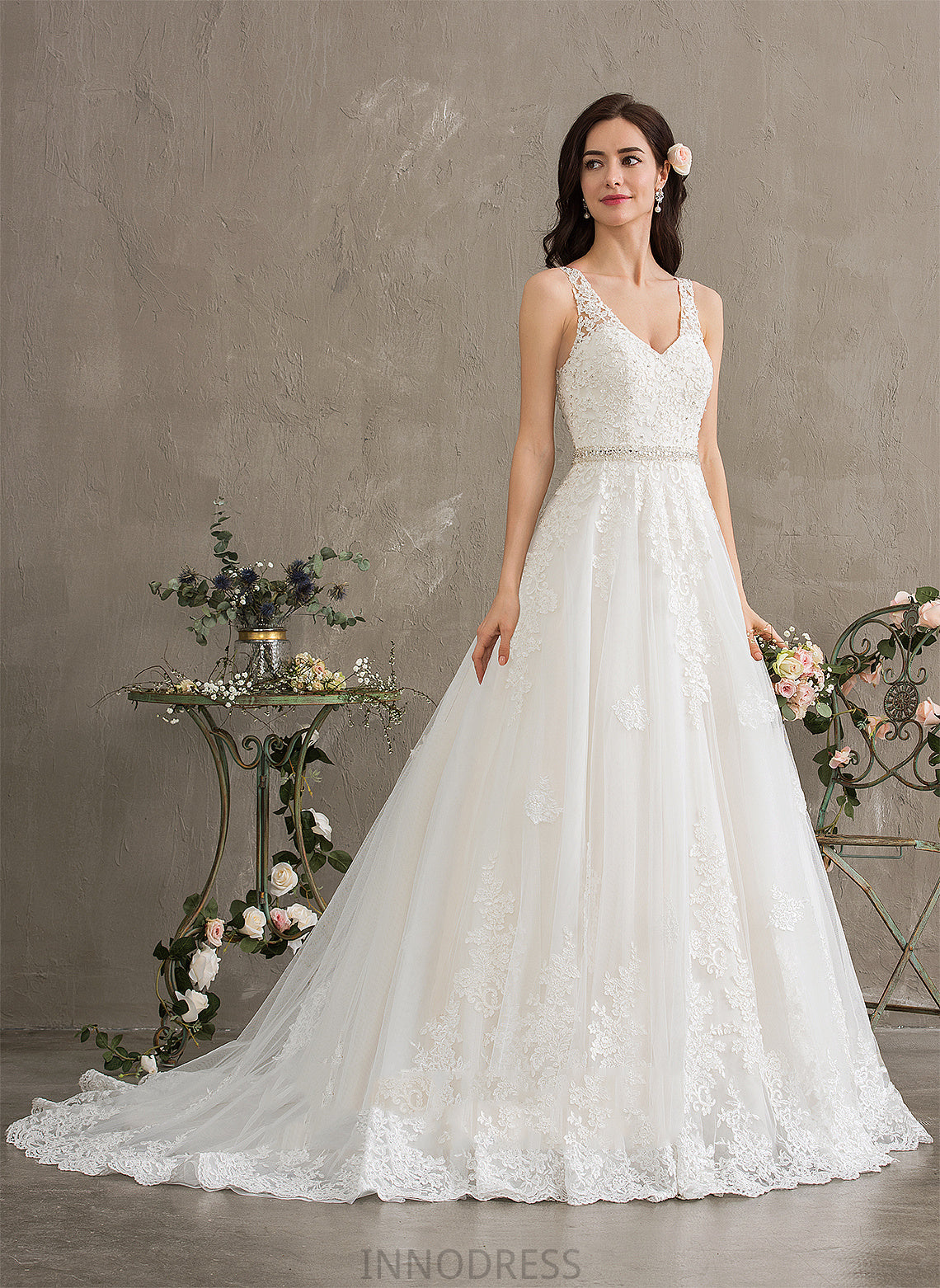 Beading Ball-Gown/Princess Lace With Tulle V-neck Wedding Train Court Dress Sequins Wedding Dresses Jasmine