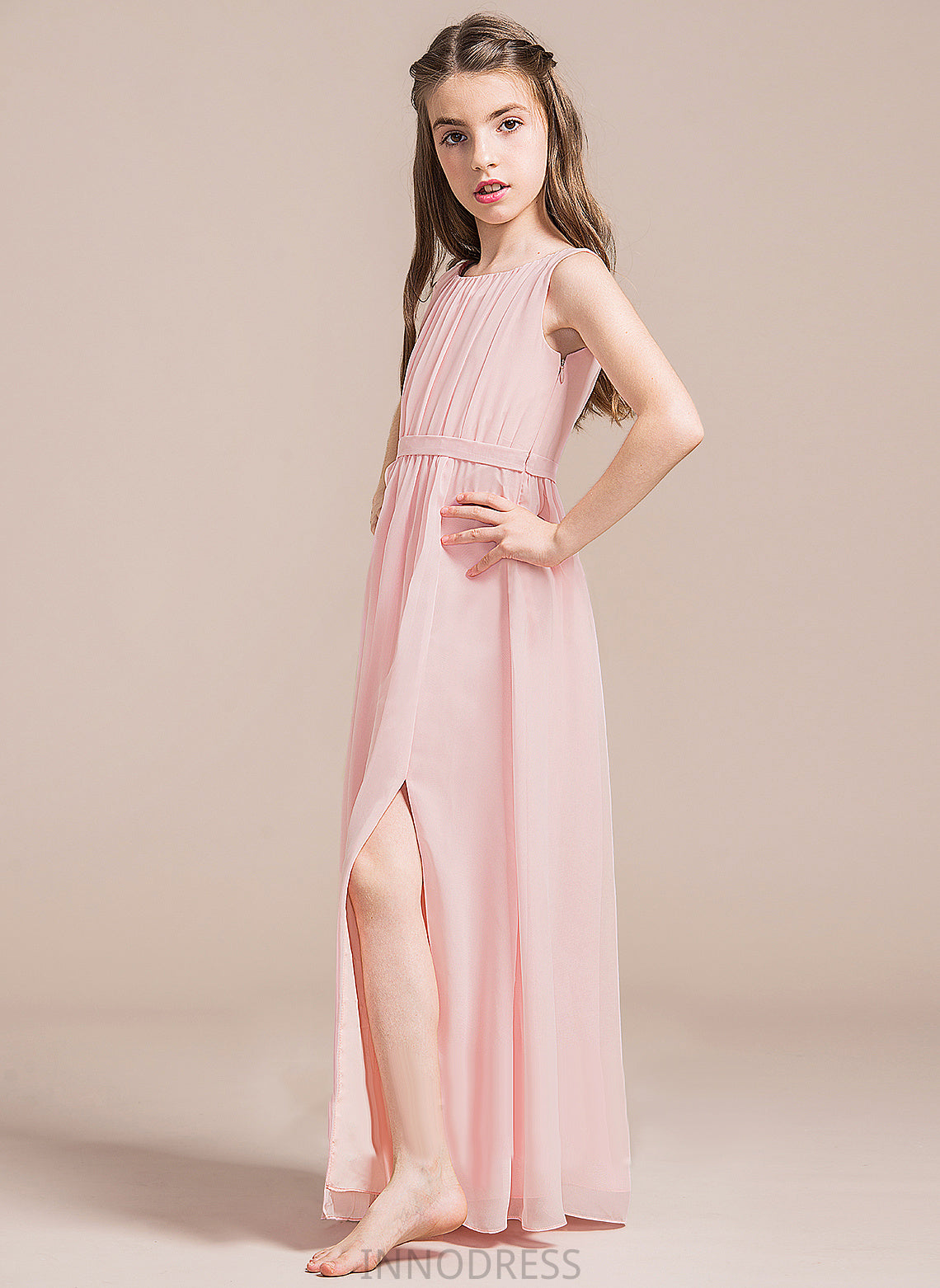 Split Ruffle Floor-Length Front Junior Bridesmaid Dresses A-Line With Hailie Neck Chiffon Scoop