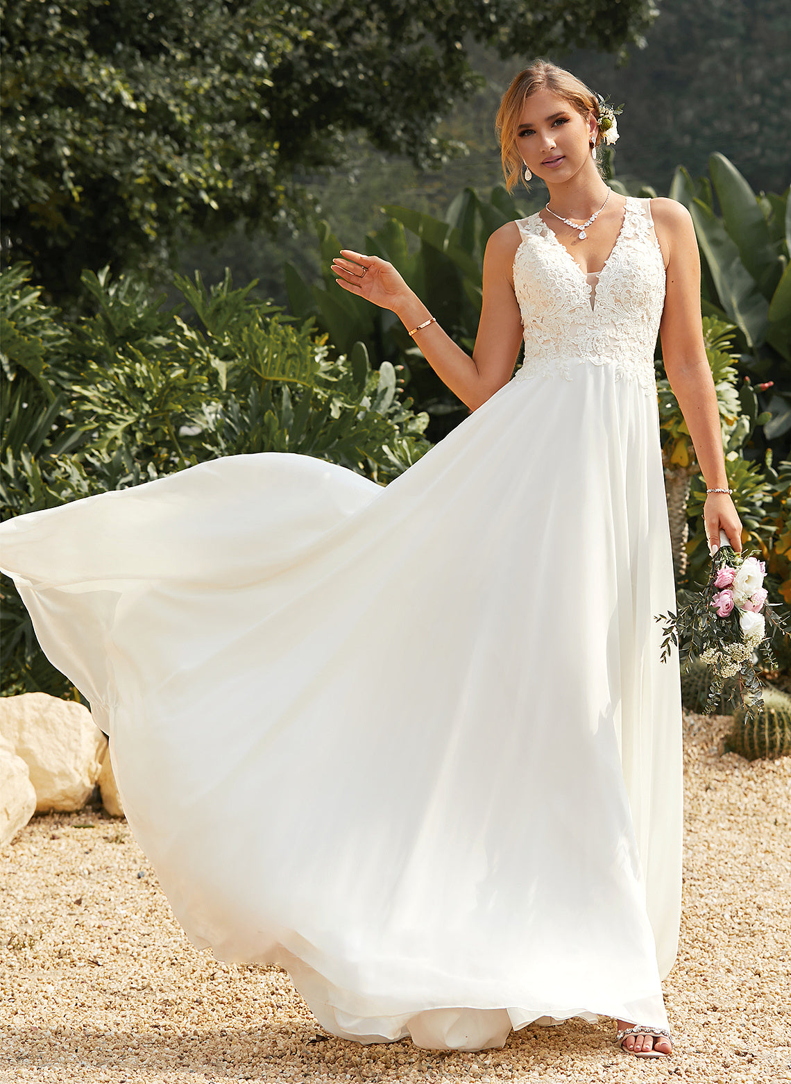 Chiffon Lace Arabella Train A-Line Wedding V-neck With Lace Sweep Wedding Dresses Dress