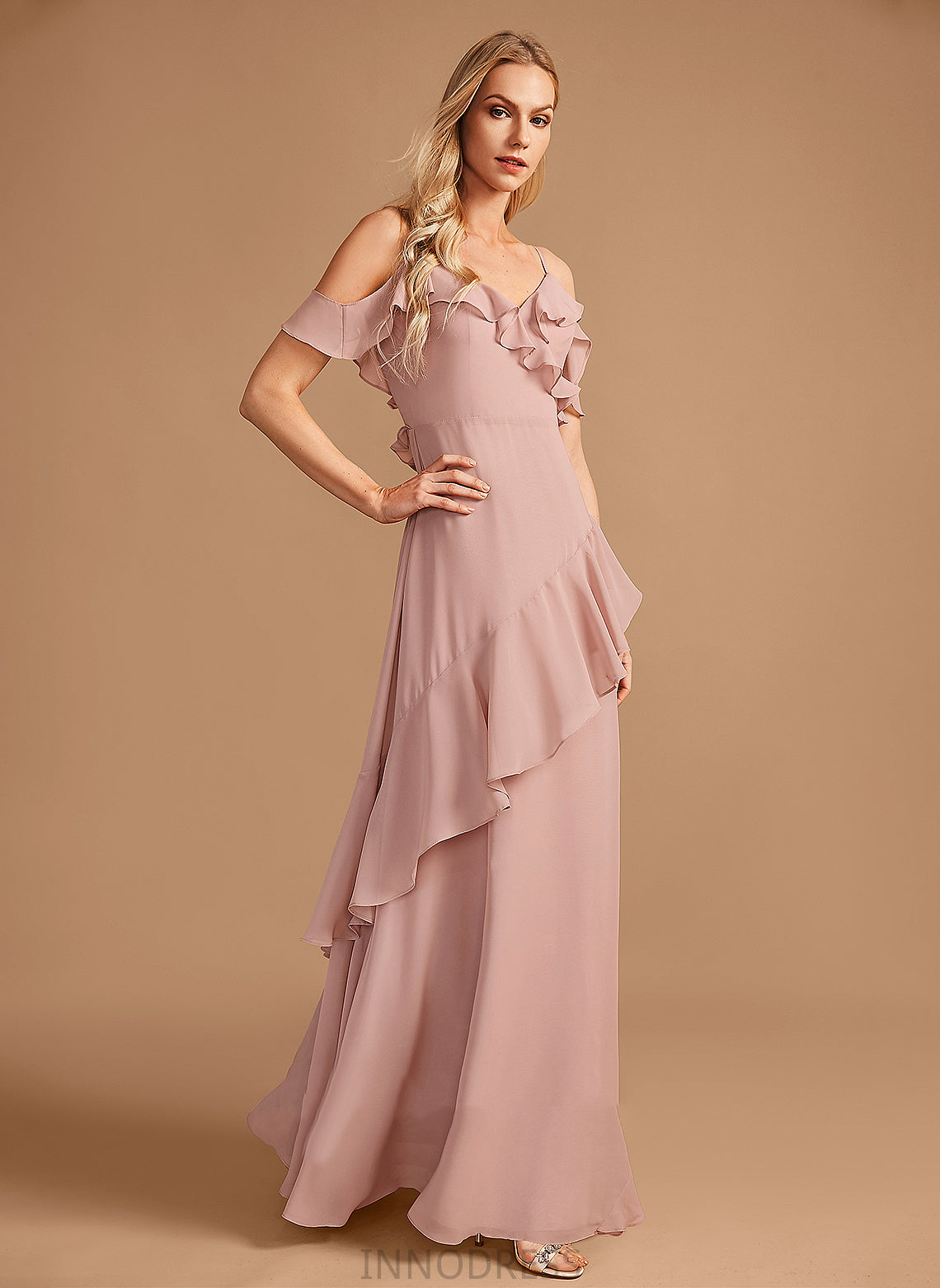 Neckline Fabric V-neck A-Line Floor-Length Silhouette Embellishment Ruffle Length Mercedes V-Neck Sleeveless Bridesmaid Dresses